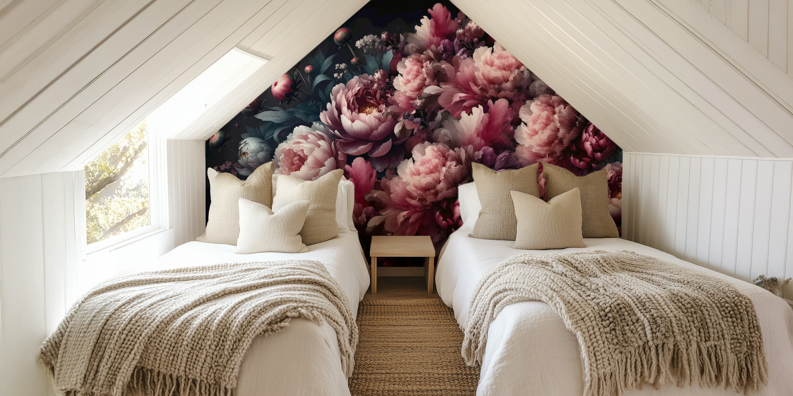 Vintage Peonies Pink Burgundy Tapete in einem Raum