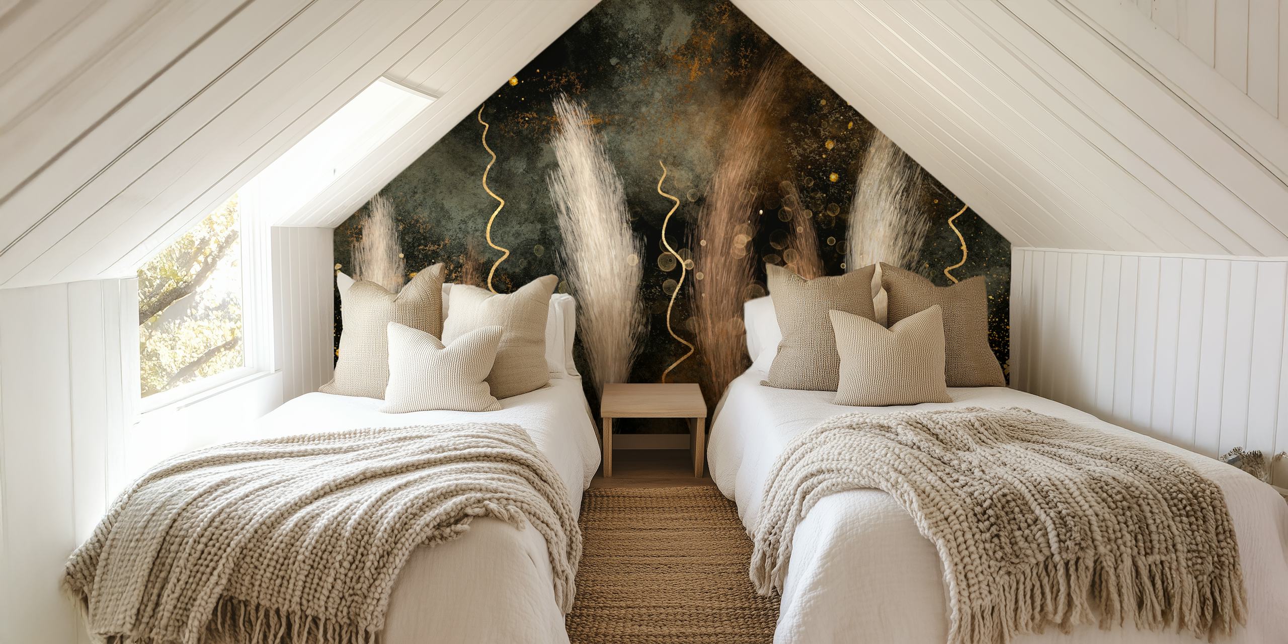 Pampas grass with beige and gold hues on black background wallpaper