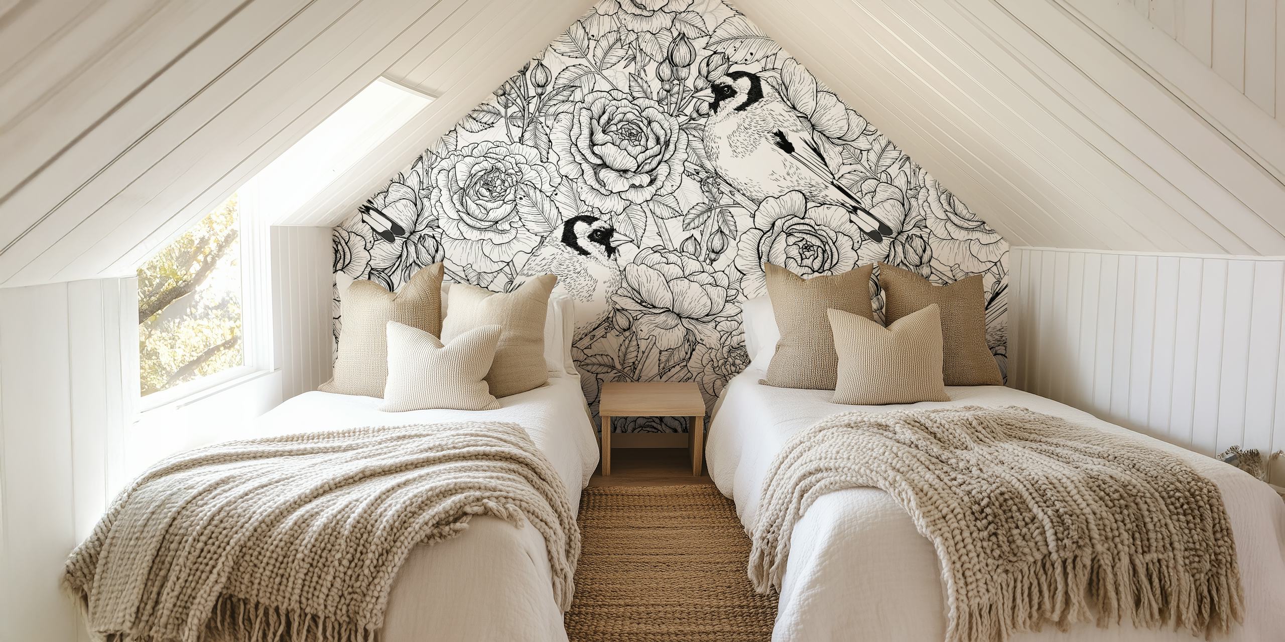 Roses and birds wallpaper displayed in a room