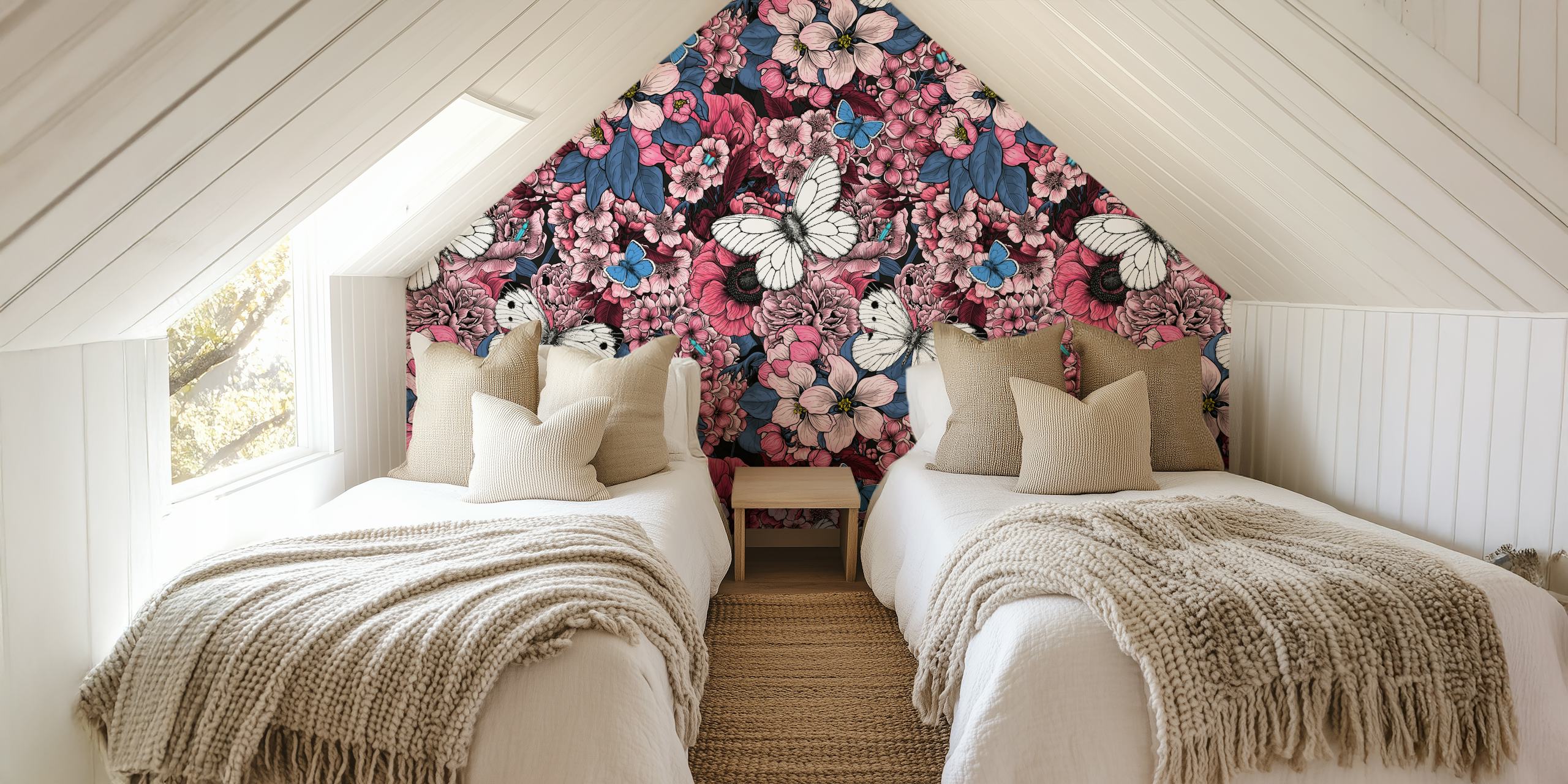 Floral wallpaper with pink and blue flowers and white butterflies