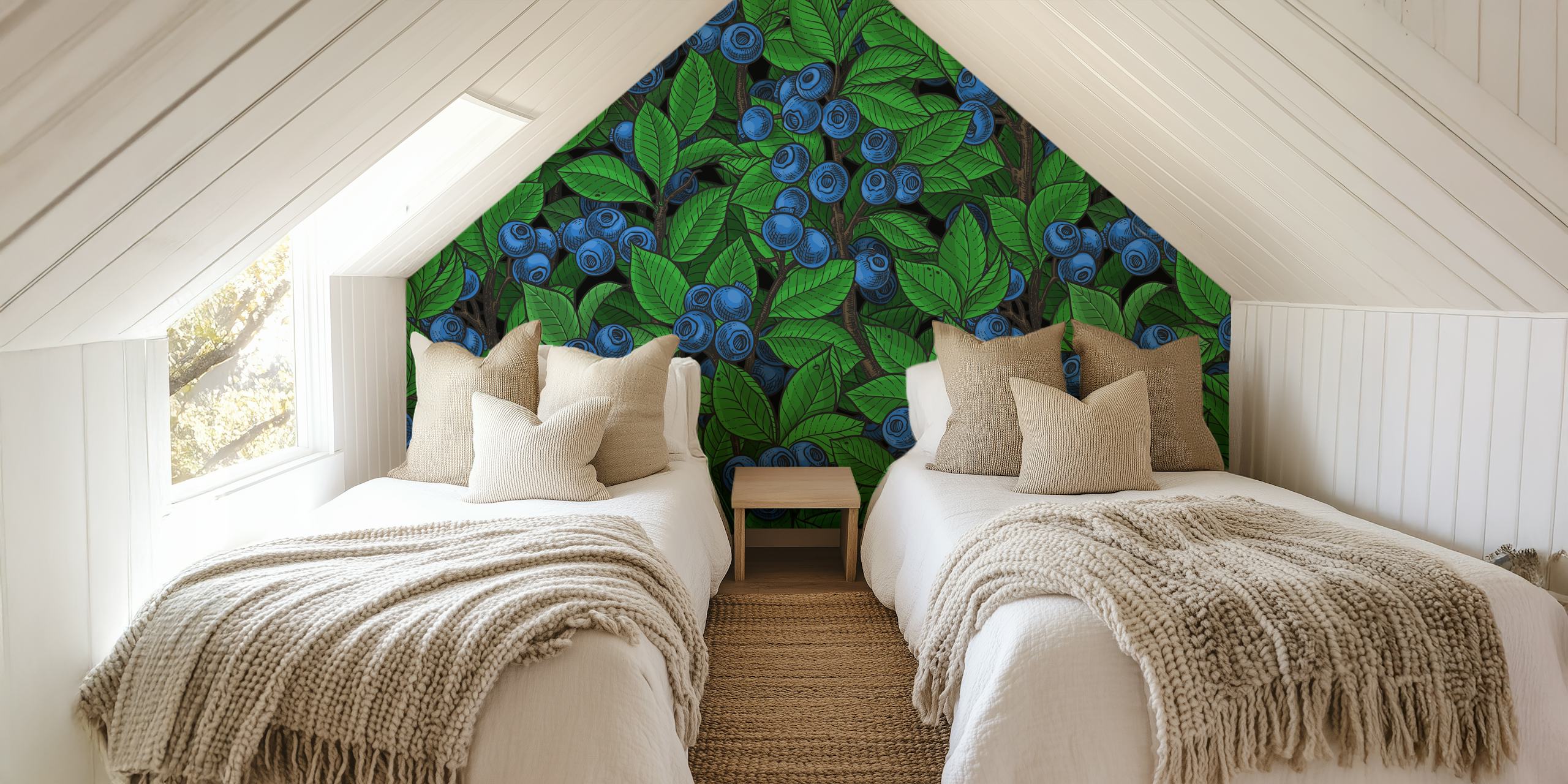 Blueberry garden floral design with green leaves and blue berries wallpaper