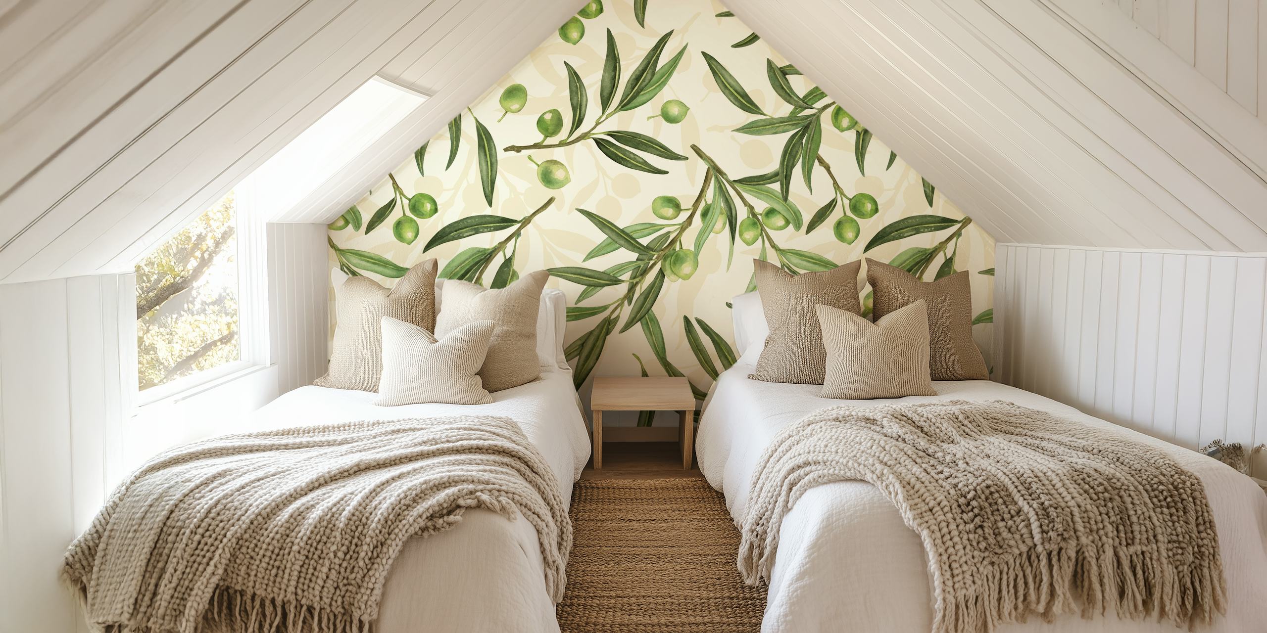 Green olive branches on off-white background wallpaper