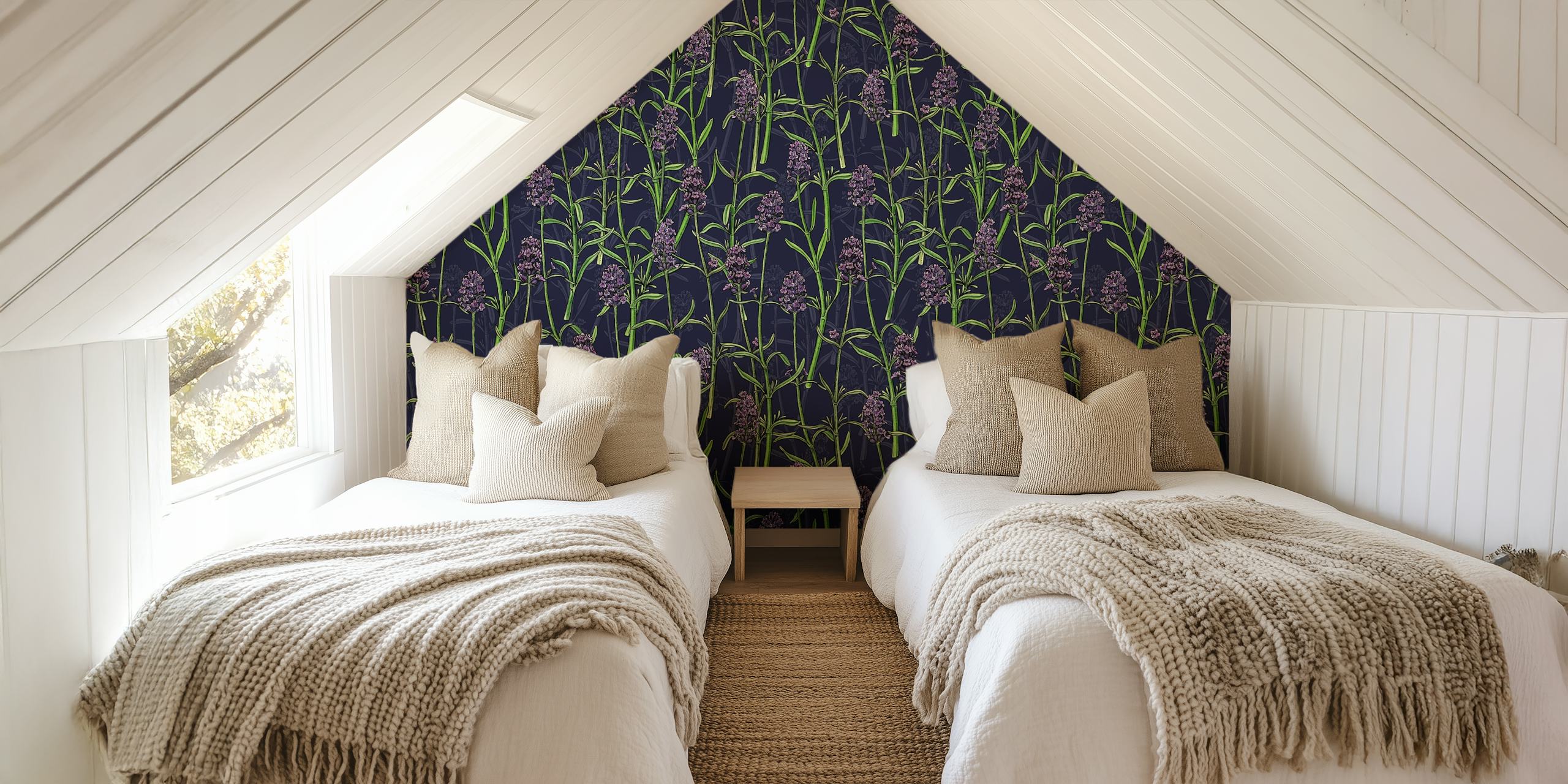 Lavender wall mural with dark background and green accents