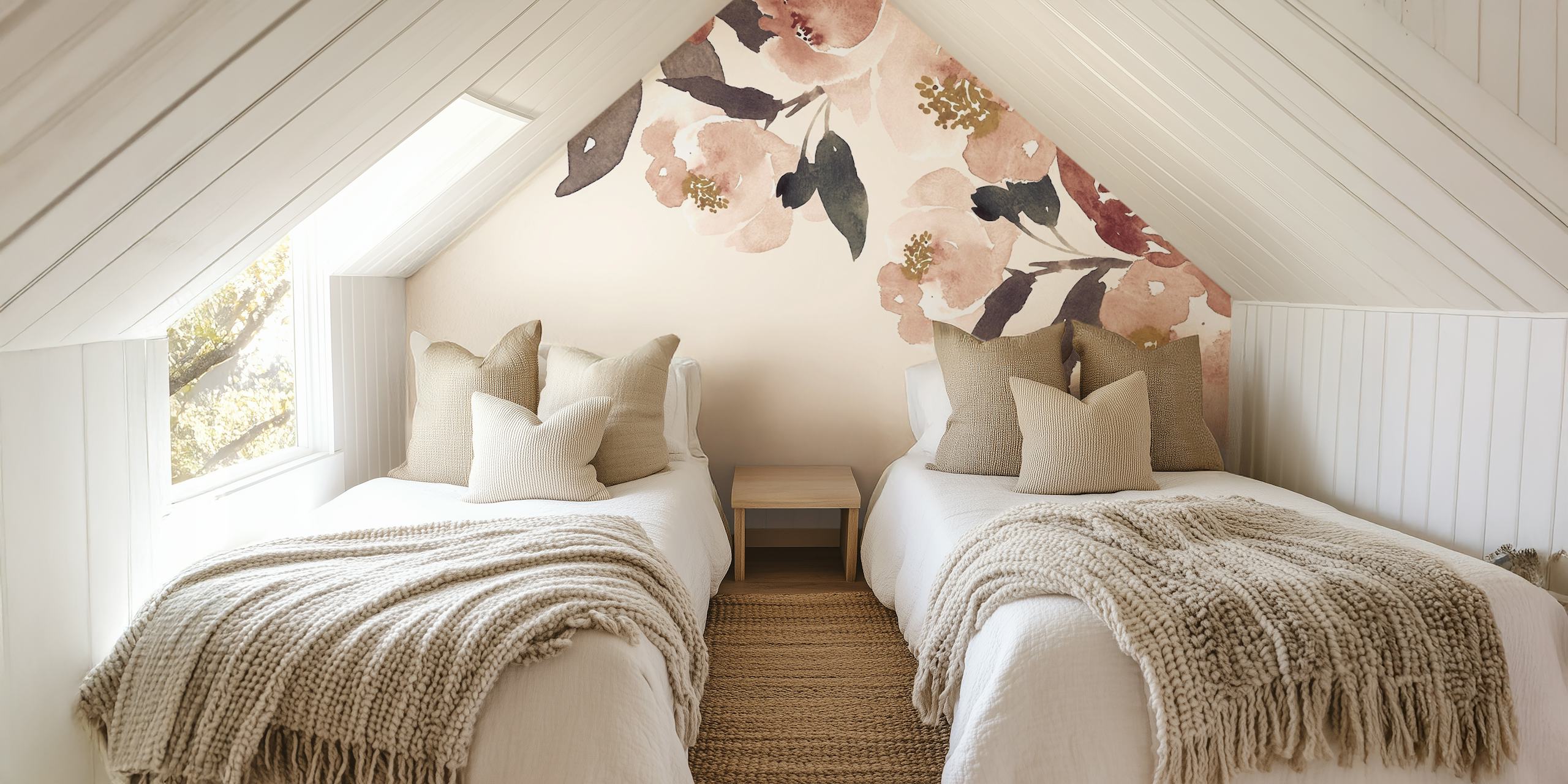 Soft pink floral motifs with green leaves on beige wallpaper