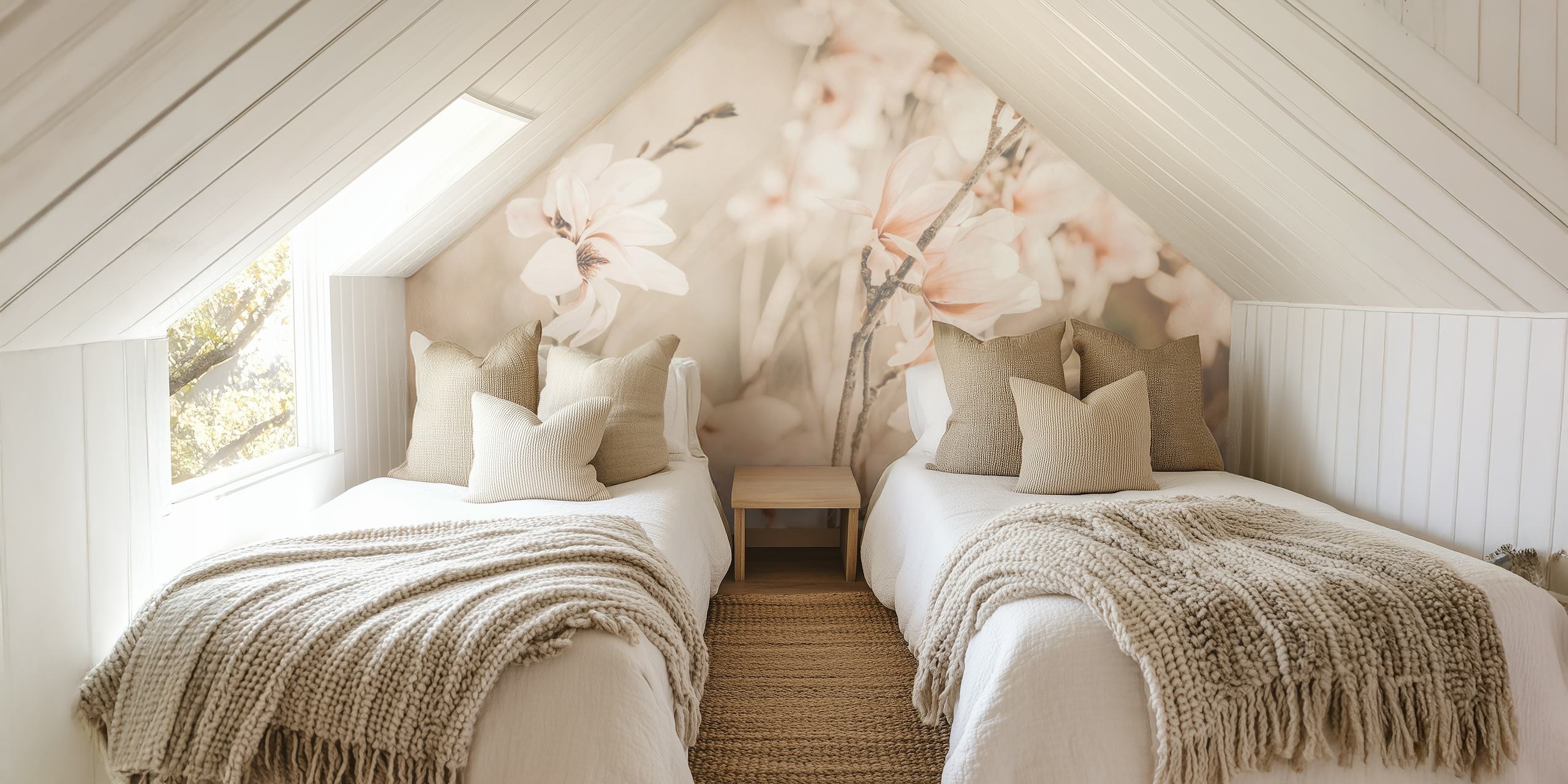 Magnolia flowers on branches in soft pink tones wallpaper