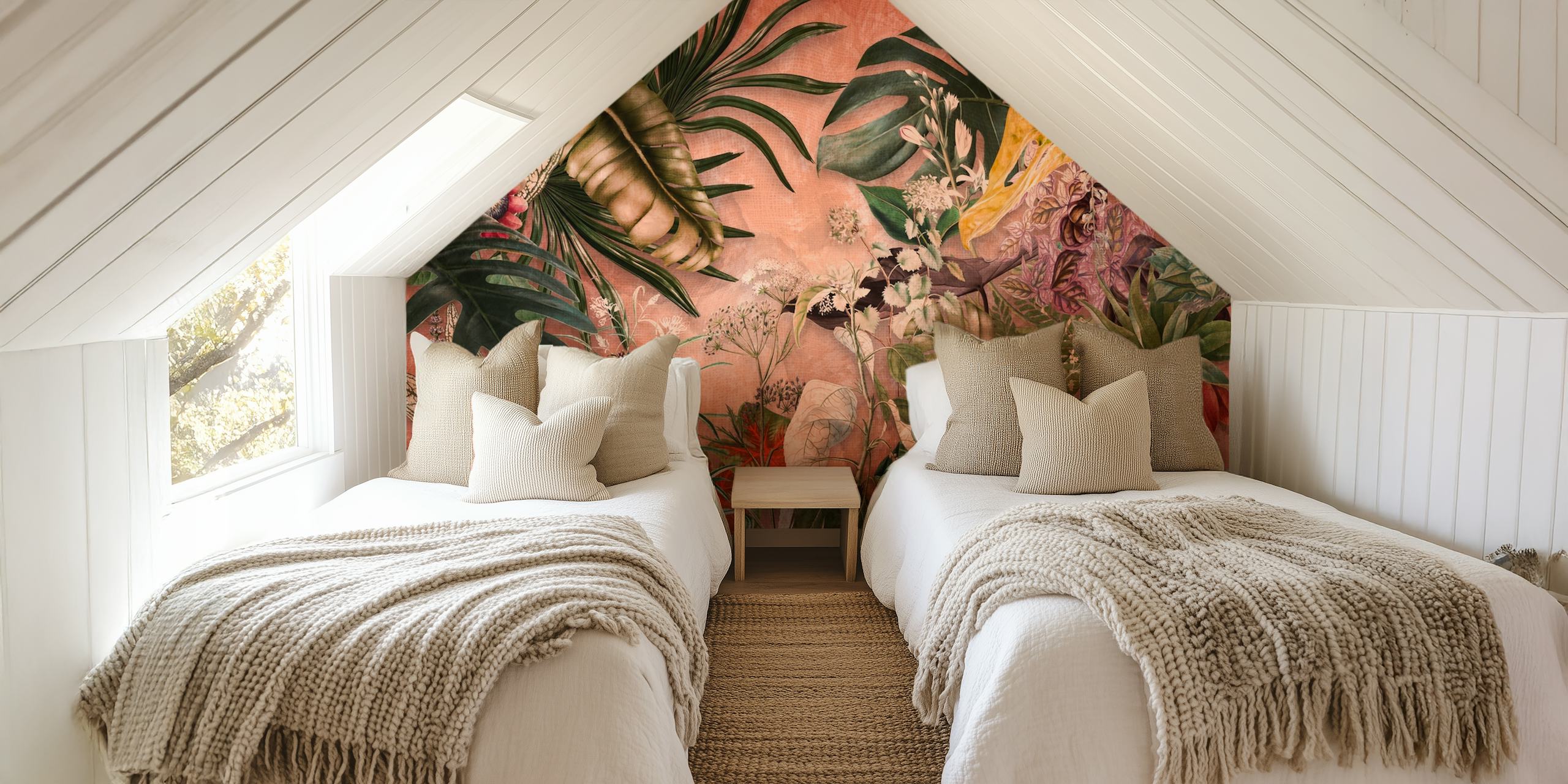 Tropical jungle leaves and flowers in coral tones wallpaper