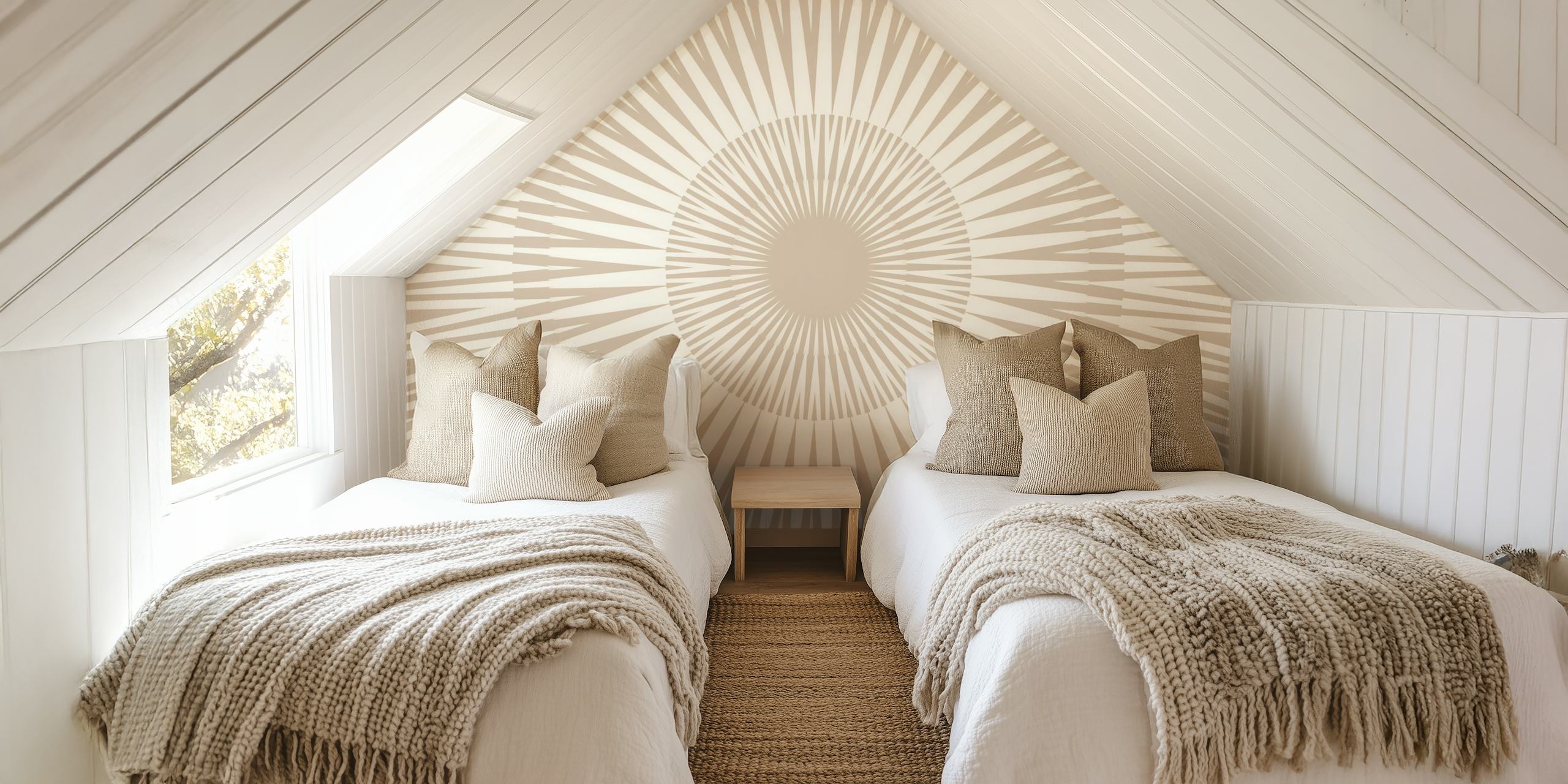 Beige wallpaper with modernist sun rays design in concentric circles