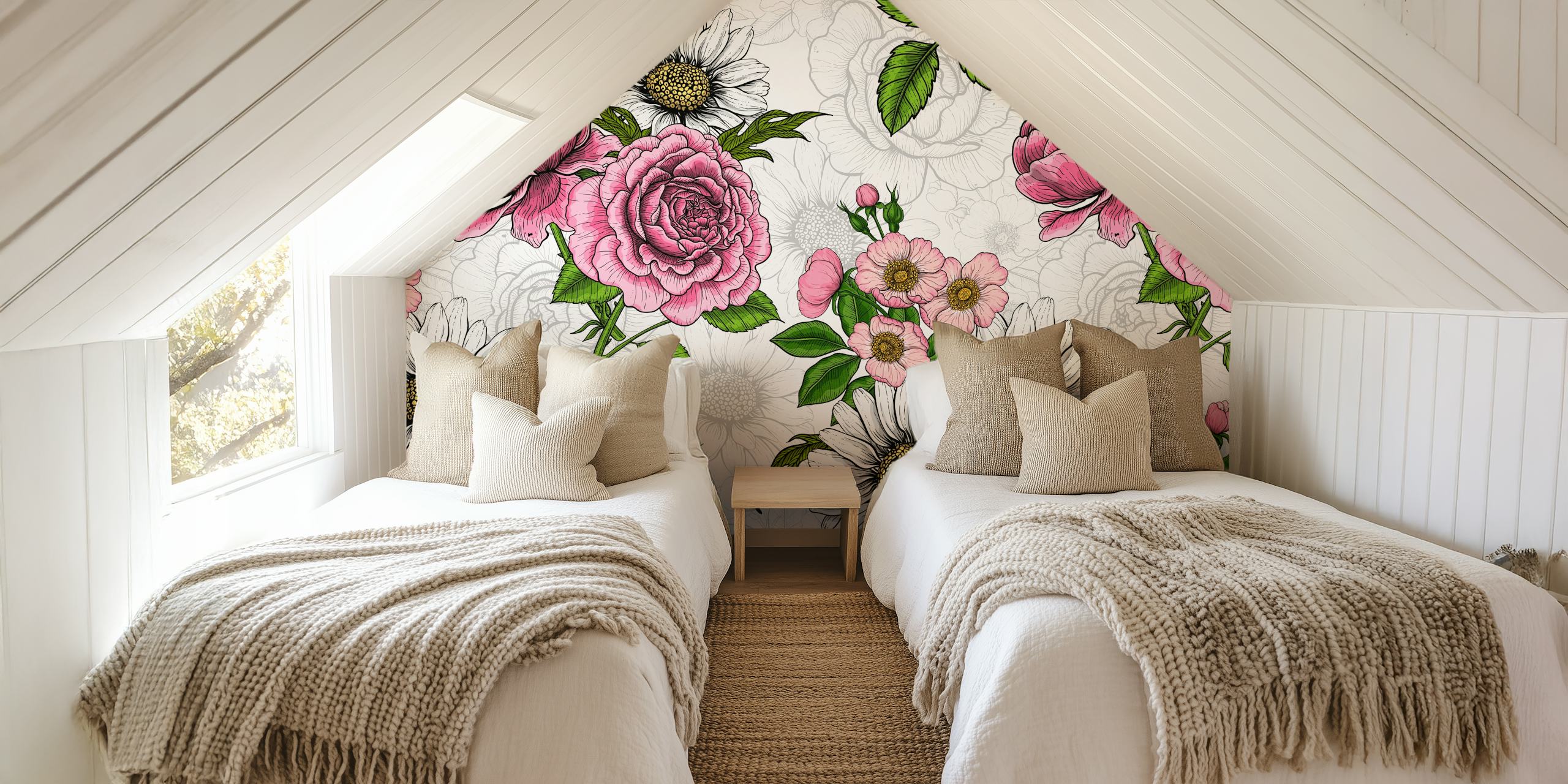 Summer Bouquets 2 wall mural featuring pink roses and daisies on a white background