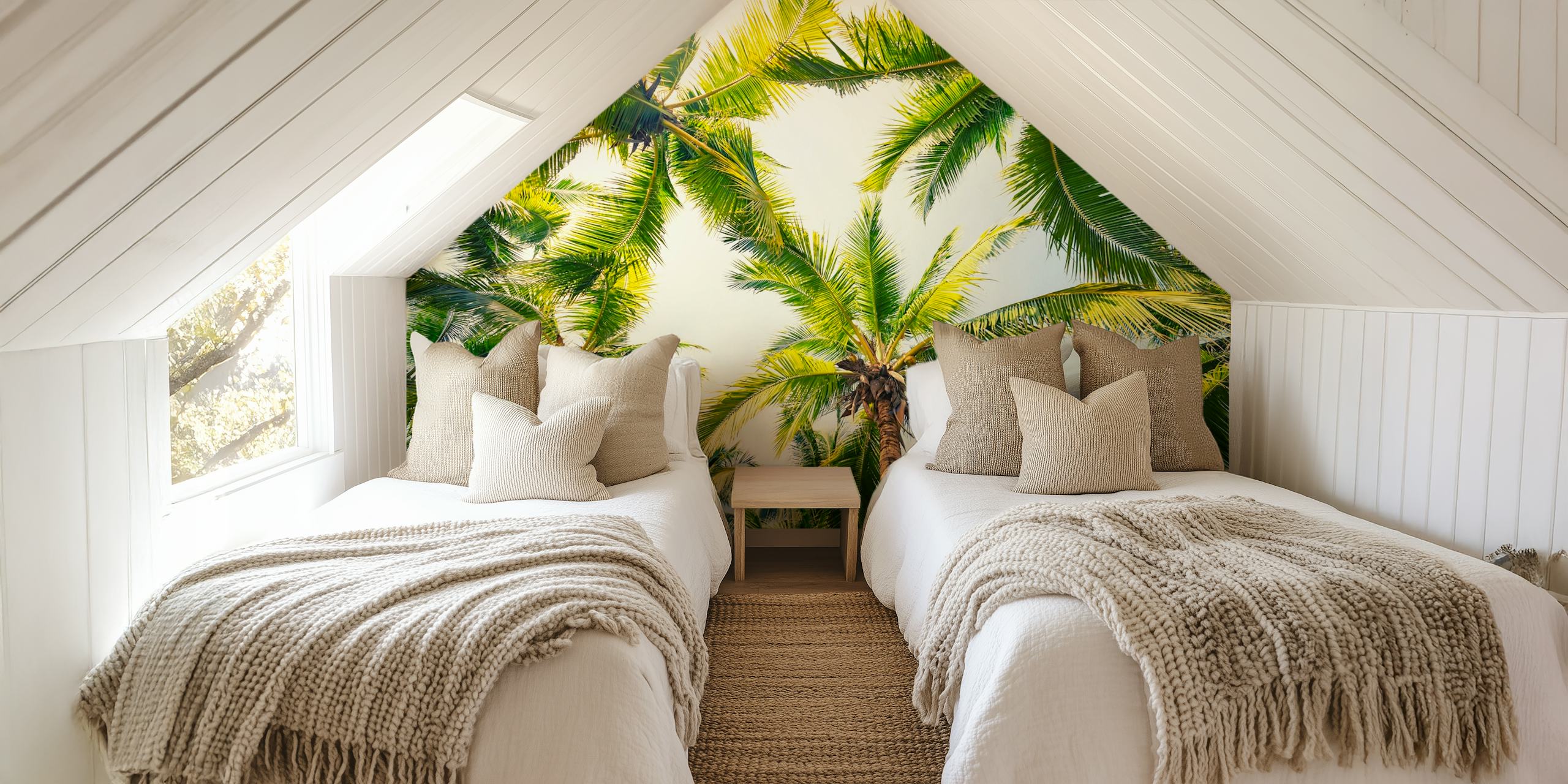 Palm tree canopy wall mural with a clear blue sky