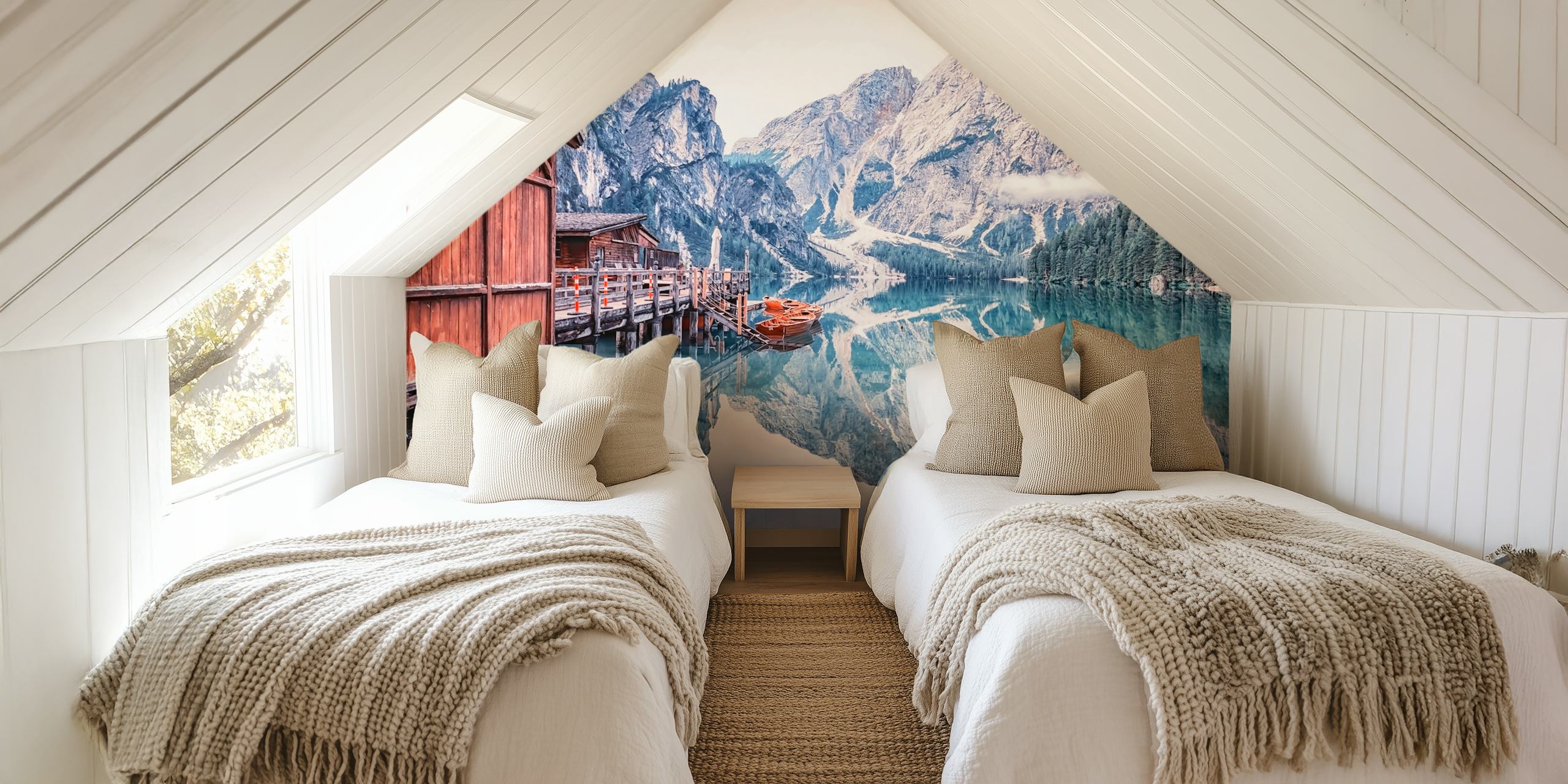 Mountain lake reflection with wooden cabin and boats wallpaper