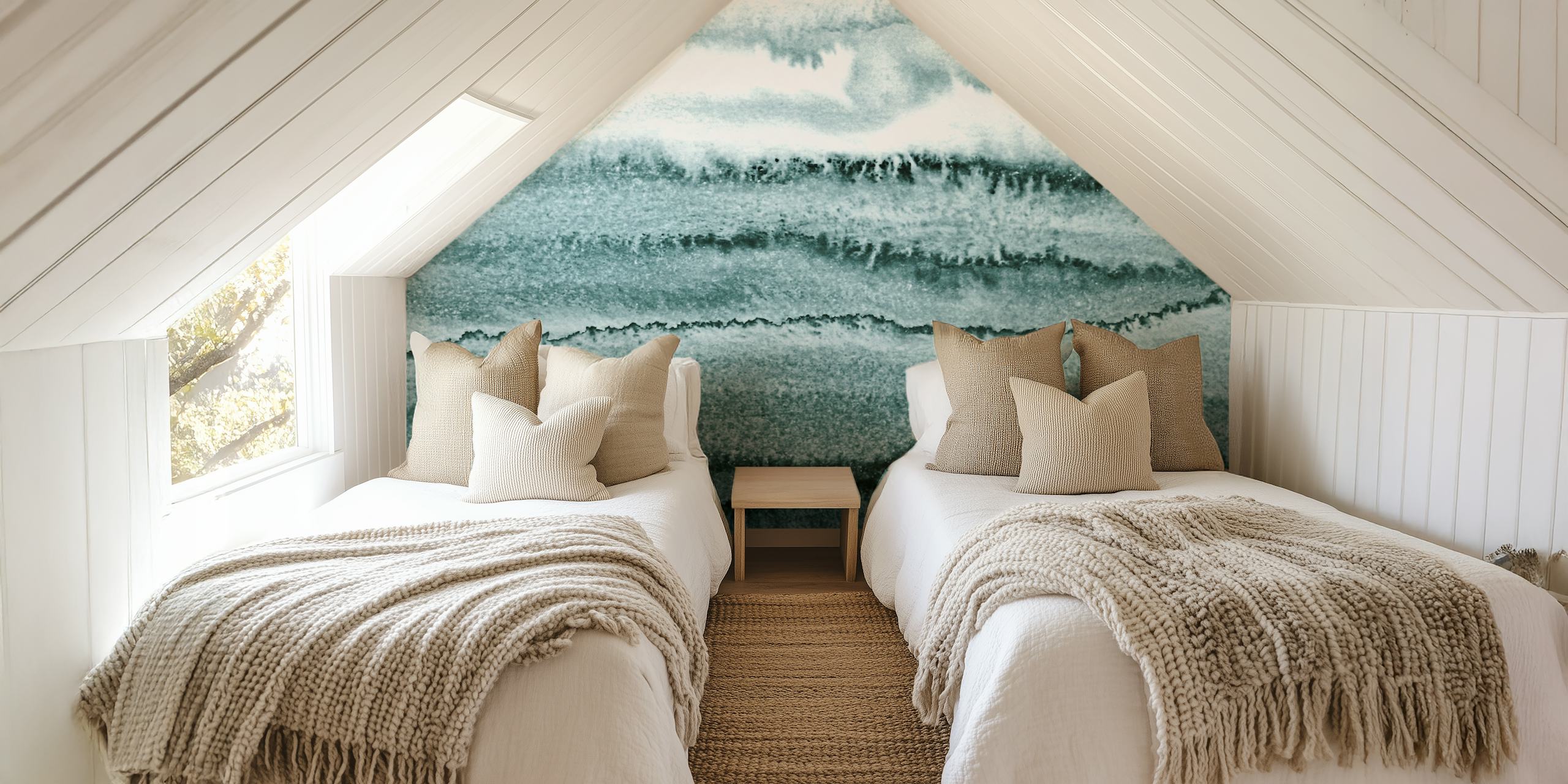 Mural de pared abstracto con olas del océano Ártico en tonos azul y gris