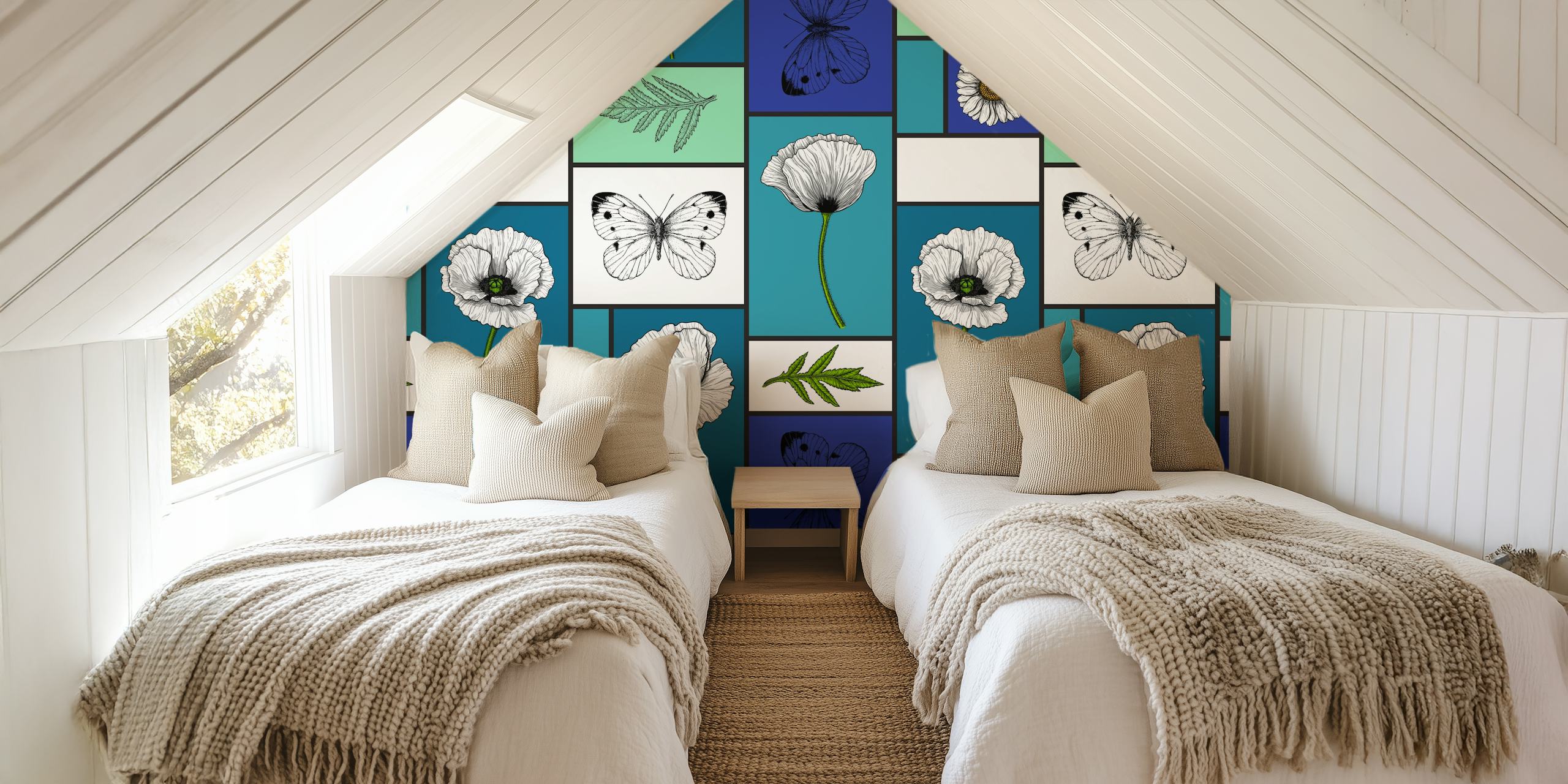Colorful wall mural of poppies, daisies, and butterflies in a geometric pattern