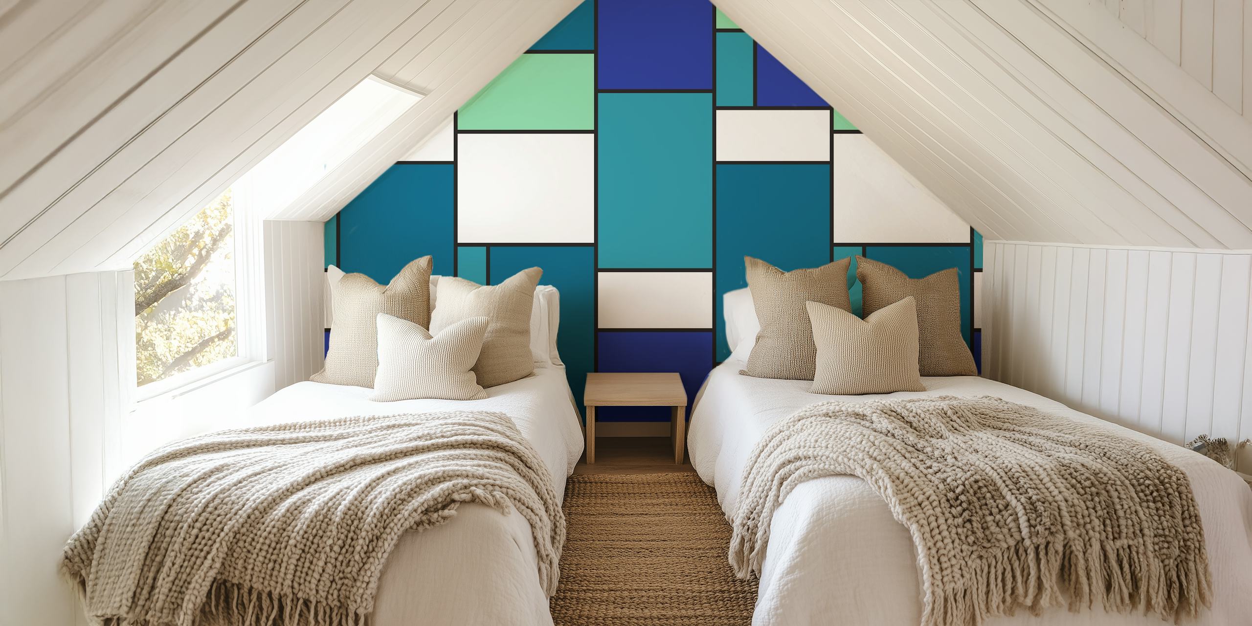 Geometric blocks in shades of blue and green wallpaper