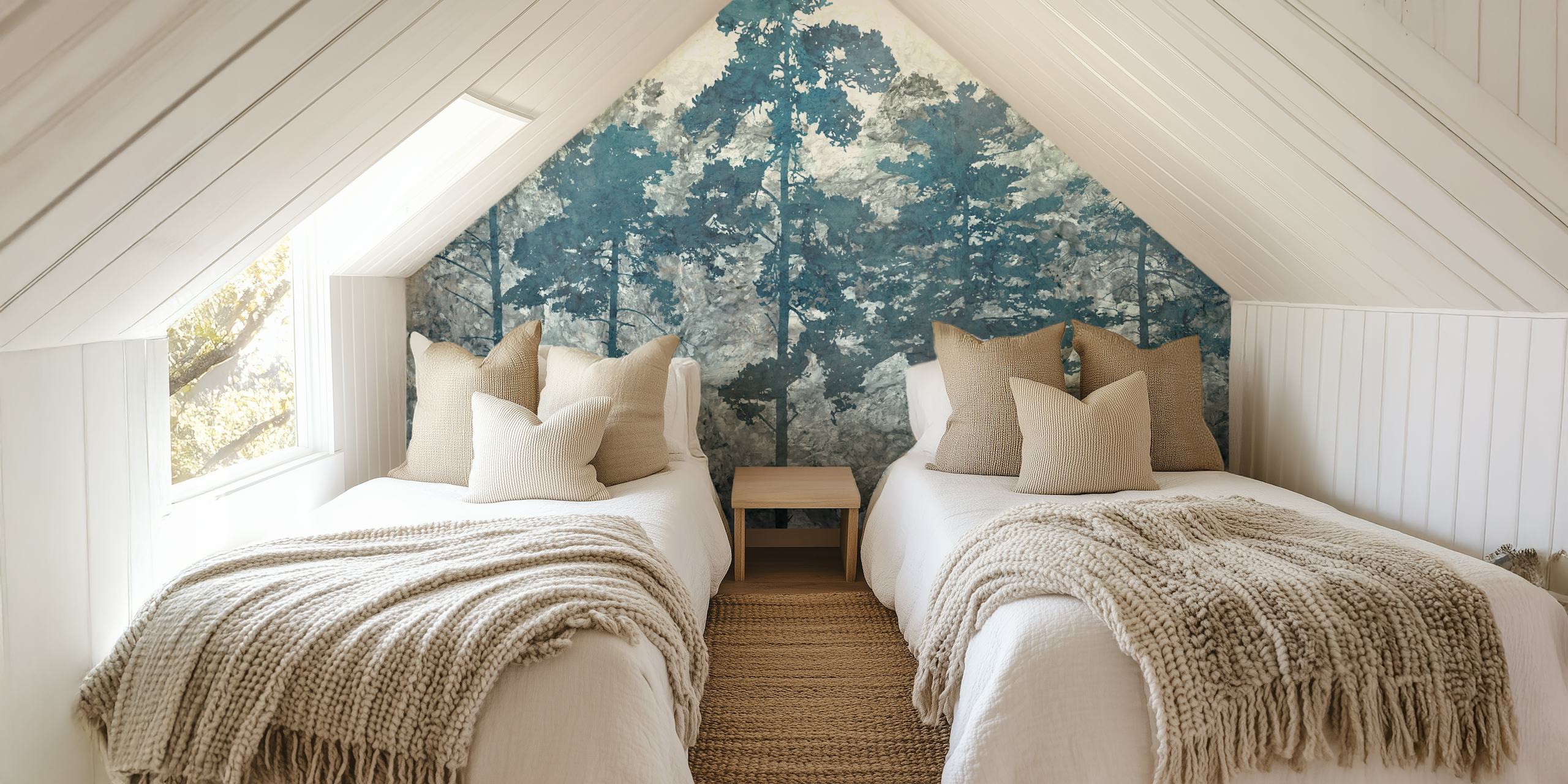 Rappresentazione artistica di una pineta in blu e bianchi astratti