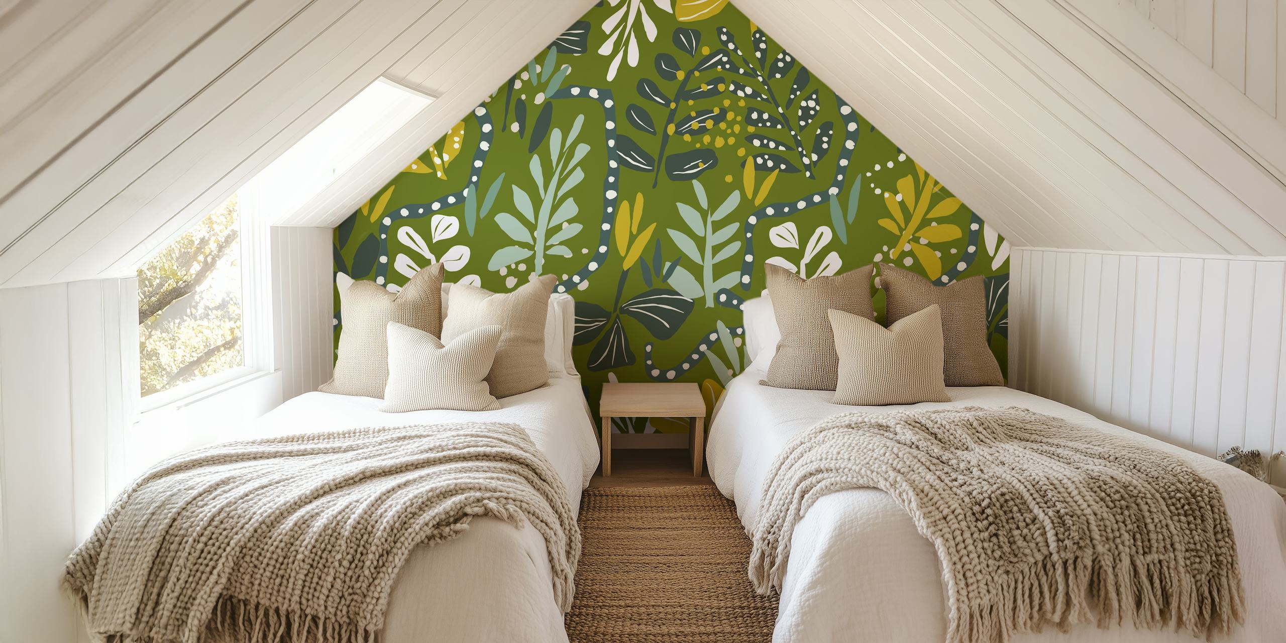 Papel pintado con hojas verdes y amarillas vibrantes