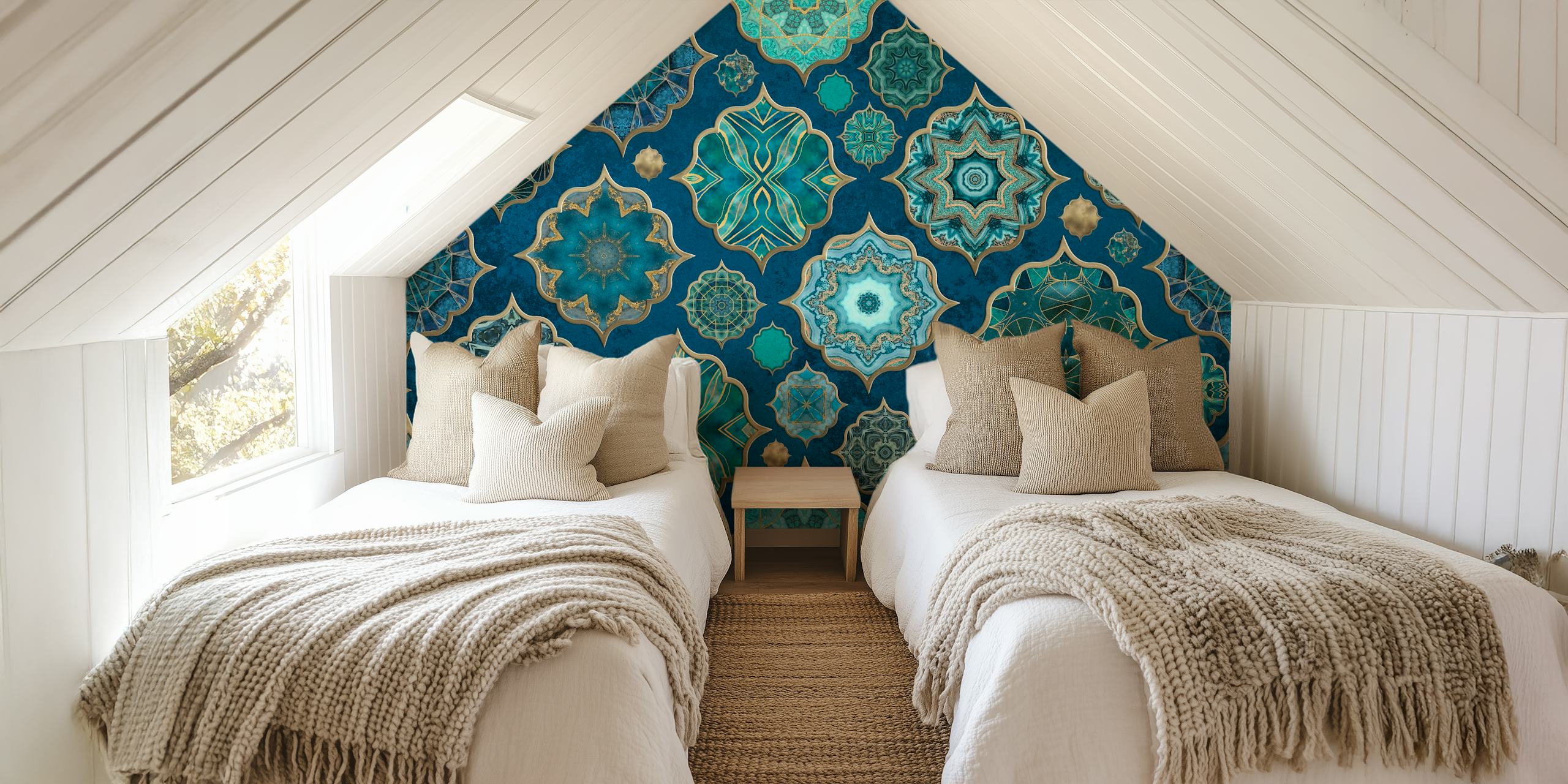Moroccan-style tile pattern wall mural in shades of teal and navy with gold accents