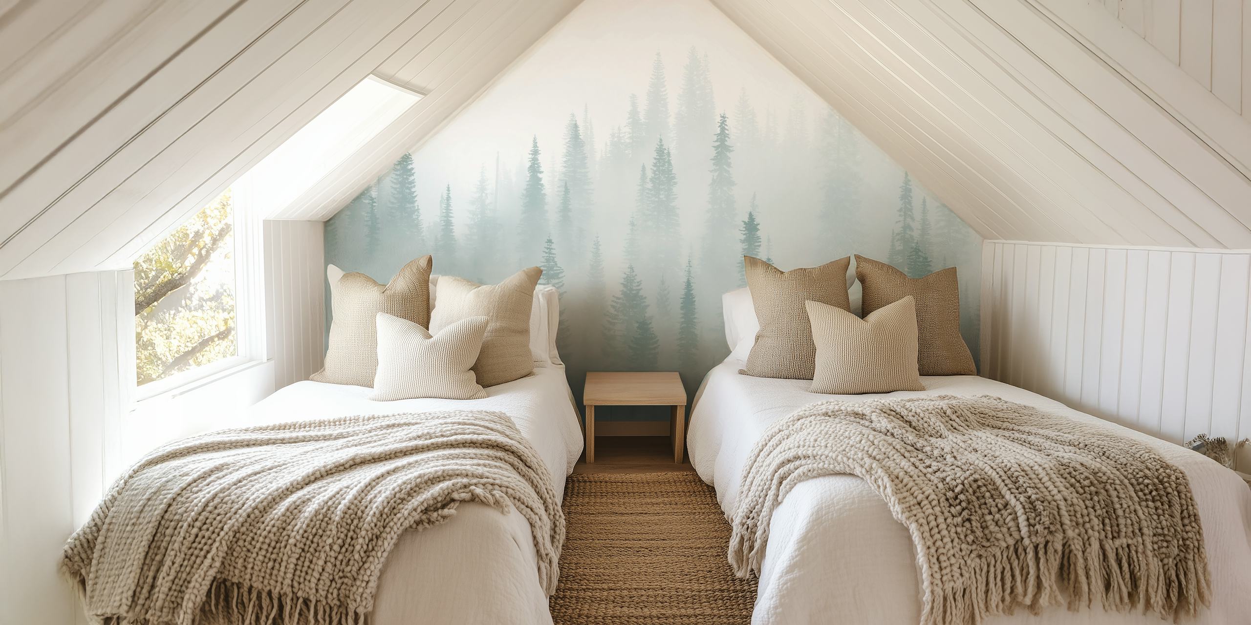 Moody monochrome wall mural with misty forest design