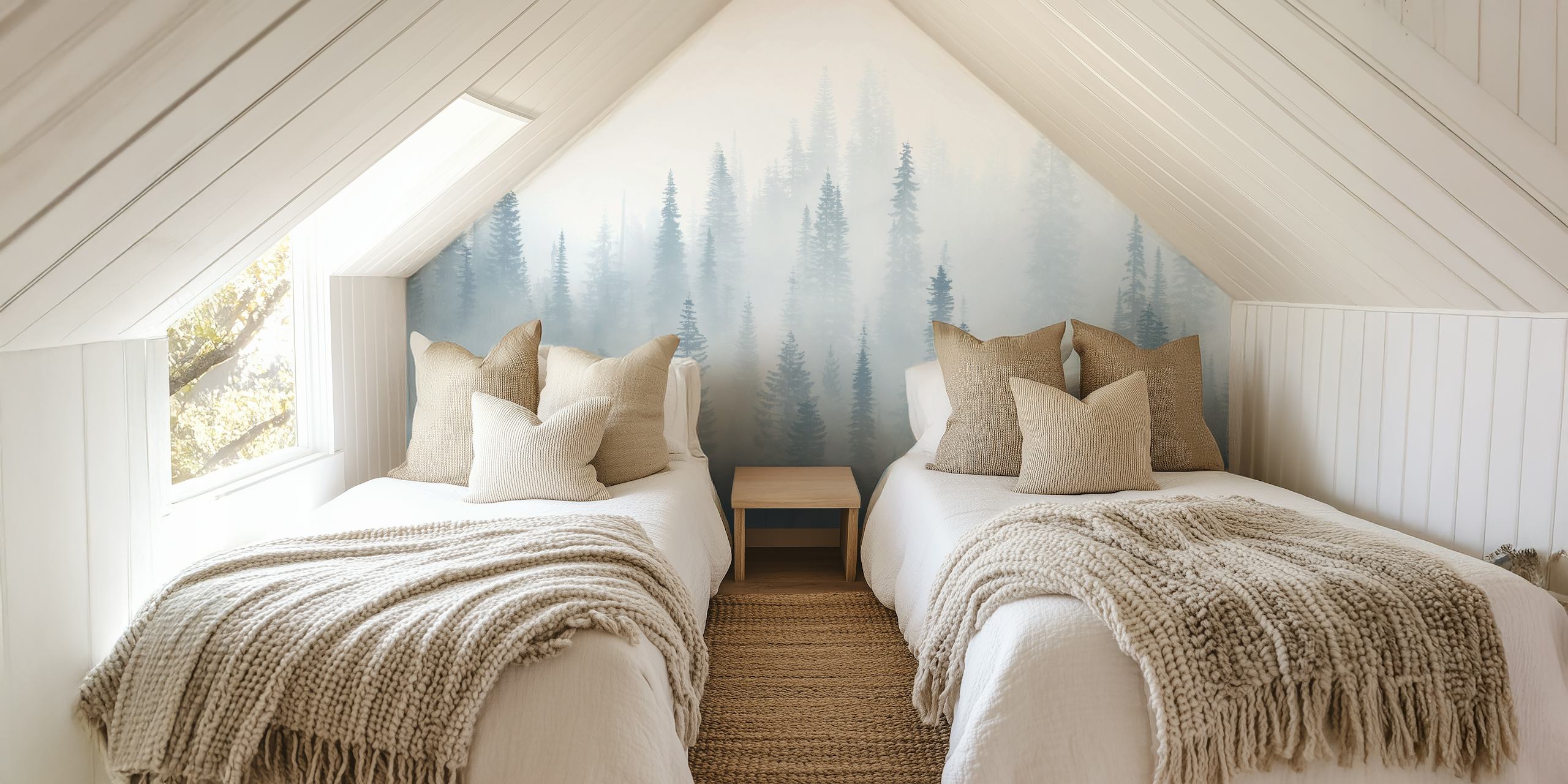 Misty forest landscape with evergreen trees in soft blue hues wallpaper