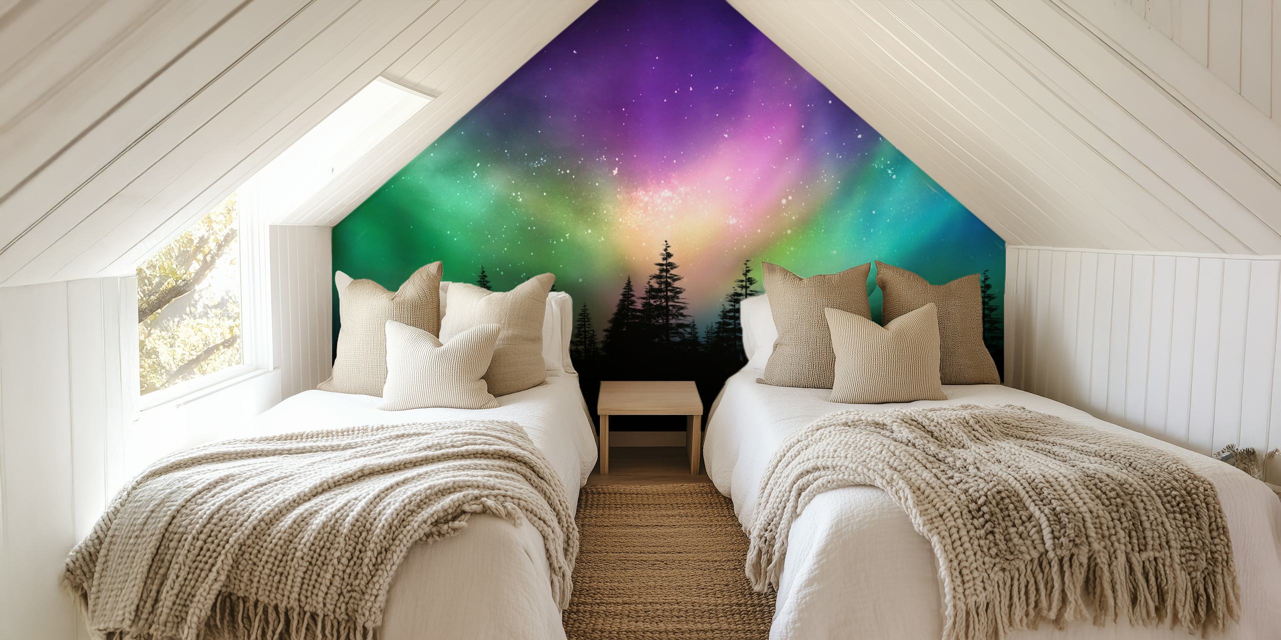 Northern lights aurora over black silhouette of pine trees wallpaper