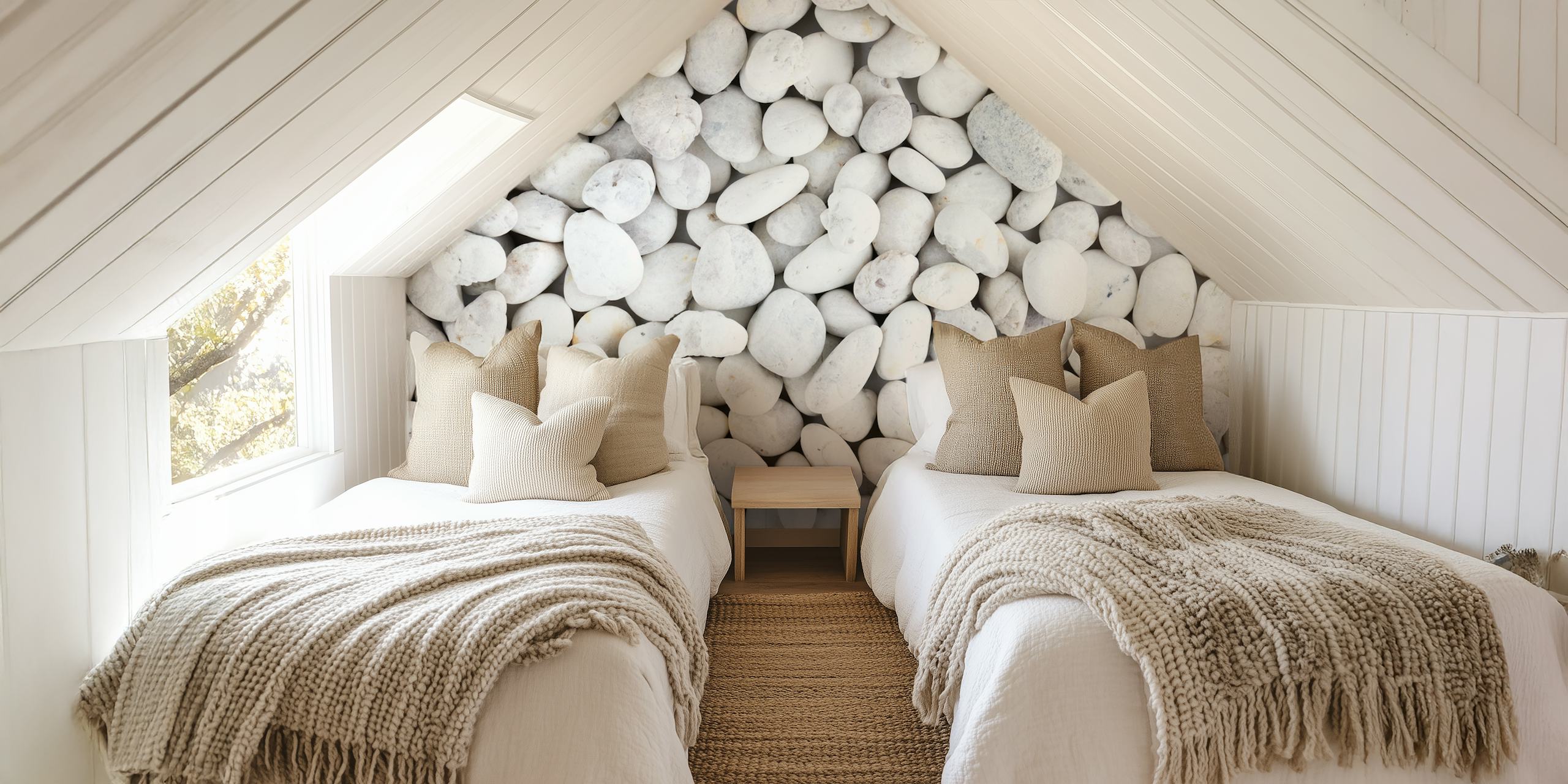 Wall mural of smooth white pebbles creating a tranquil, textured look