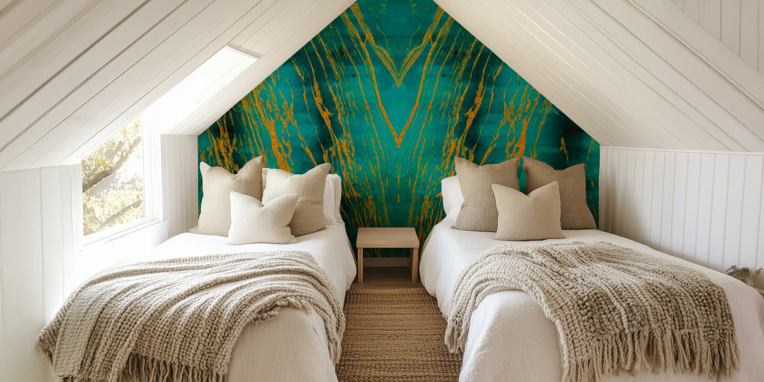 Teal Art Deco wallpaper displayed in a room