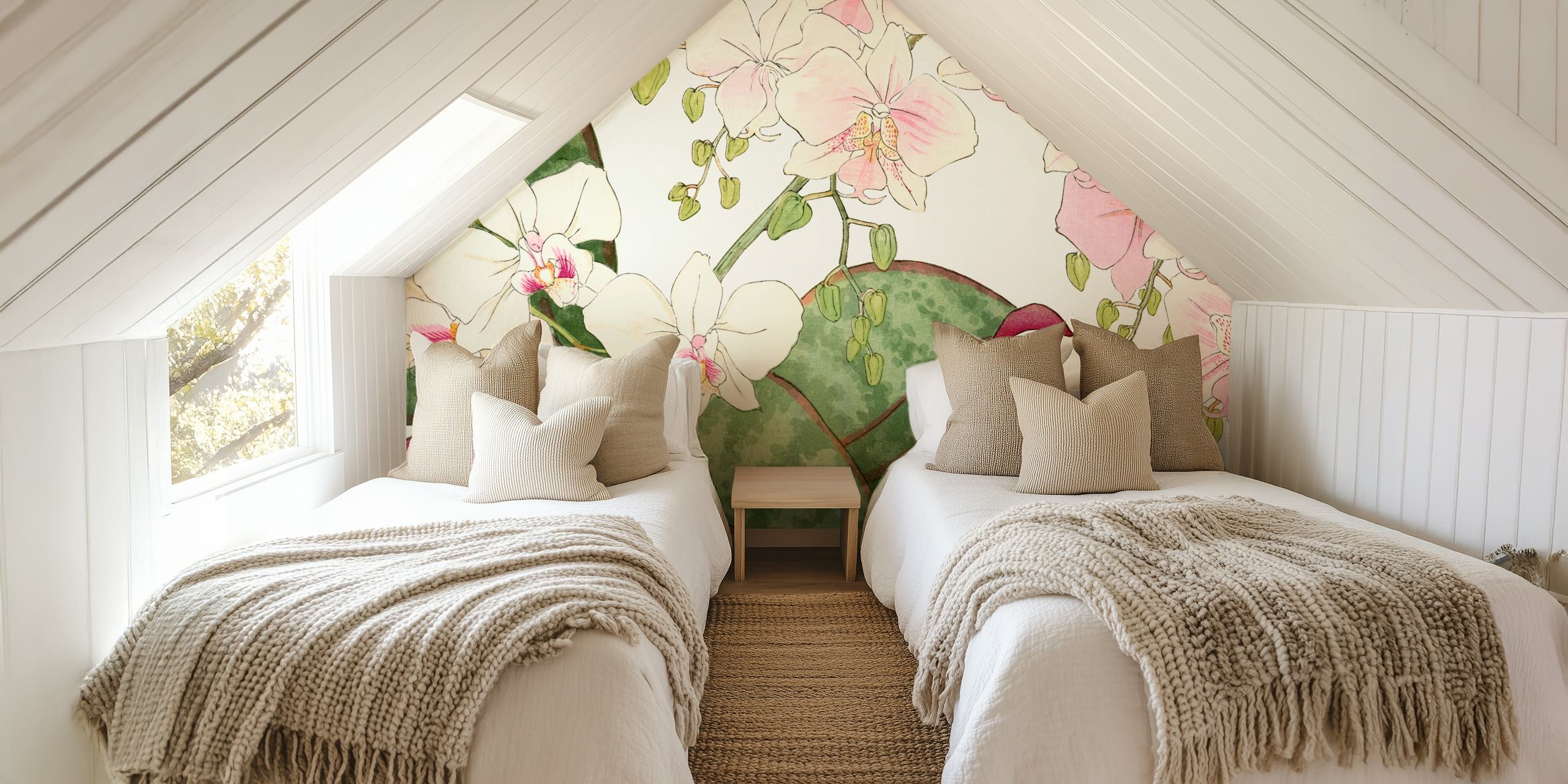 Papier peint mural élégant avec fleurs rose blush et feuilles vertes de Happywall