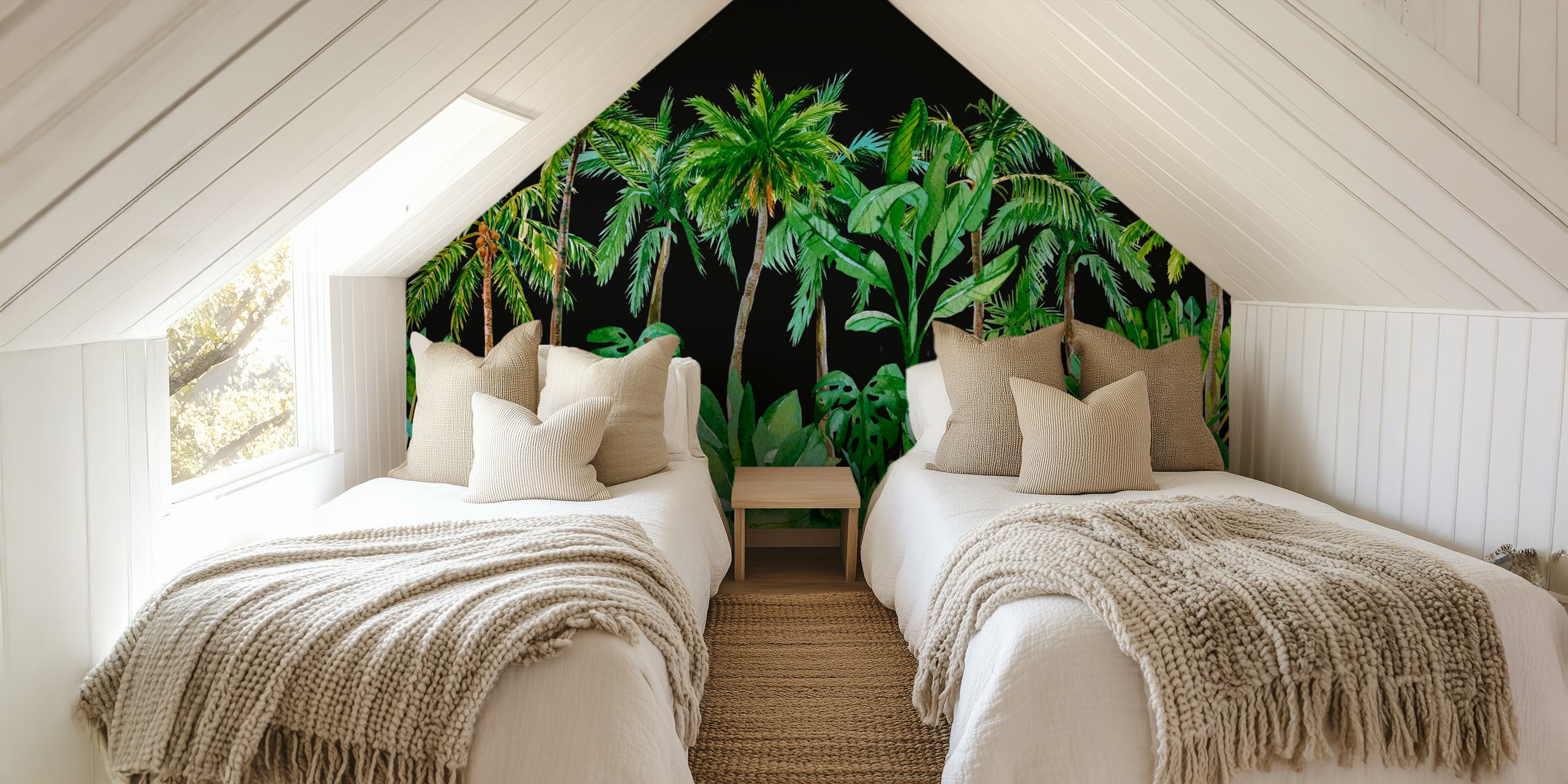Tropical Palm Cove Black behang in een kamer