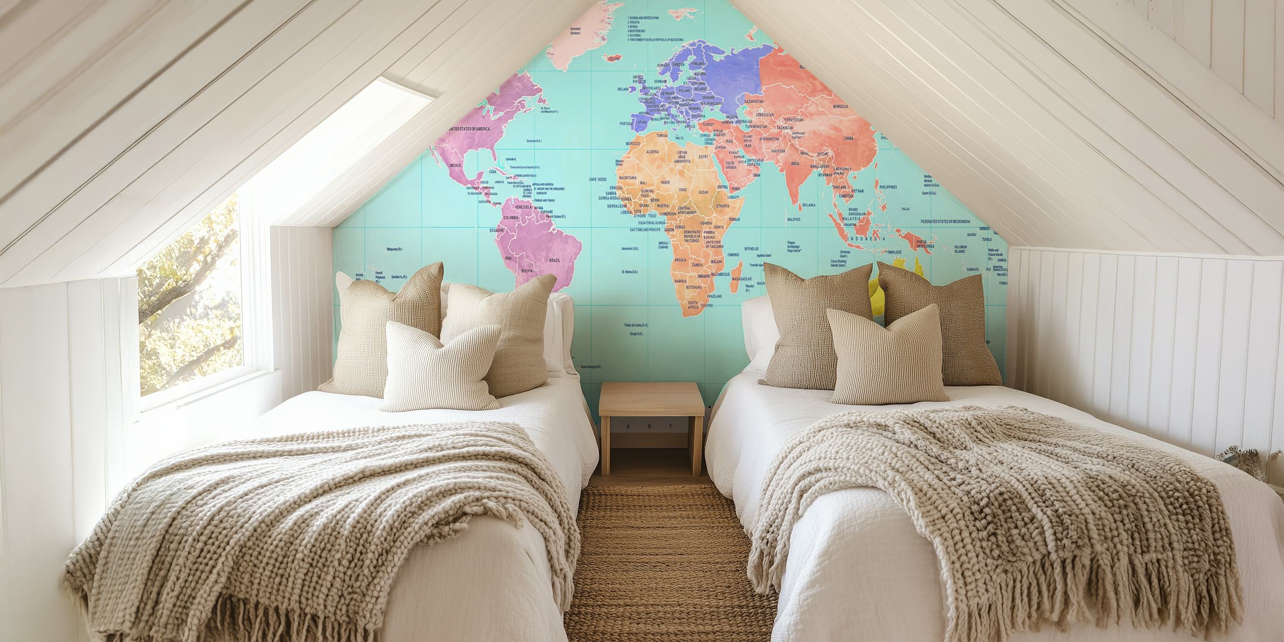 Colorful world map wallpaper with vibrant continents and oceans