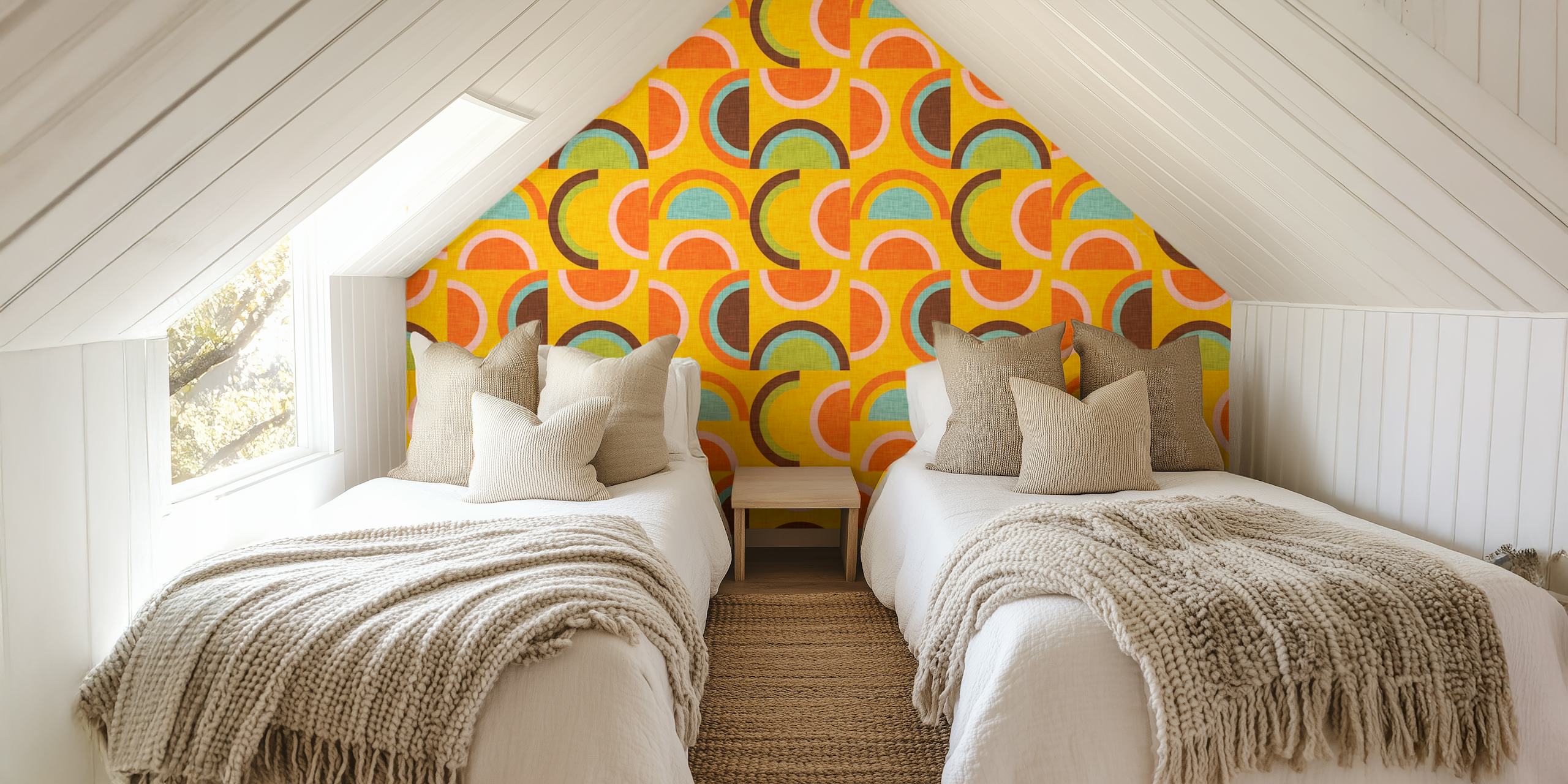 1970s-inspired semi-rainbow pattern in yellow, orange, and teal for wall mural.