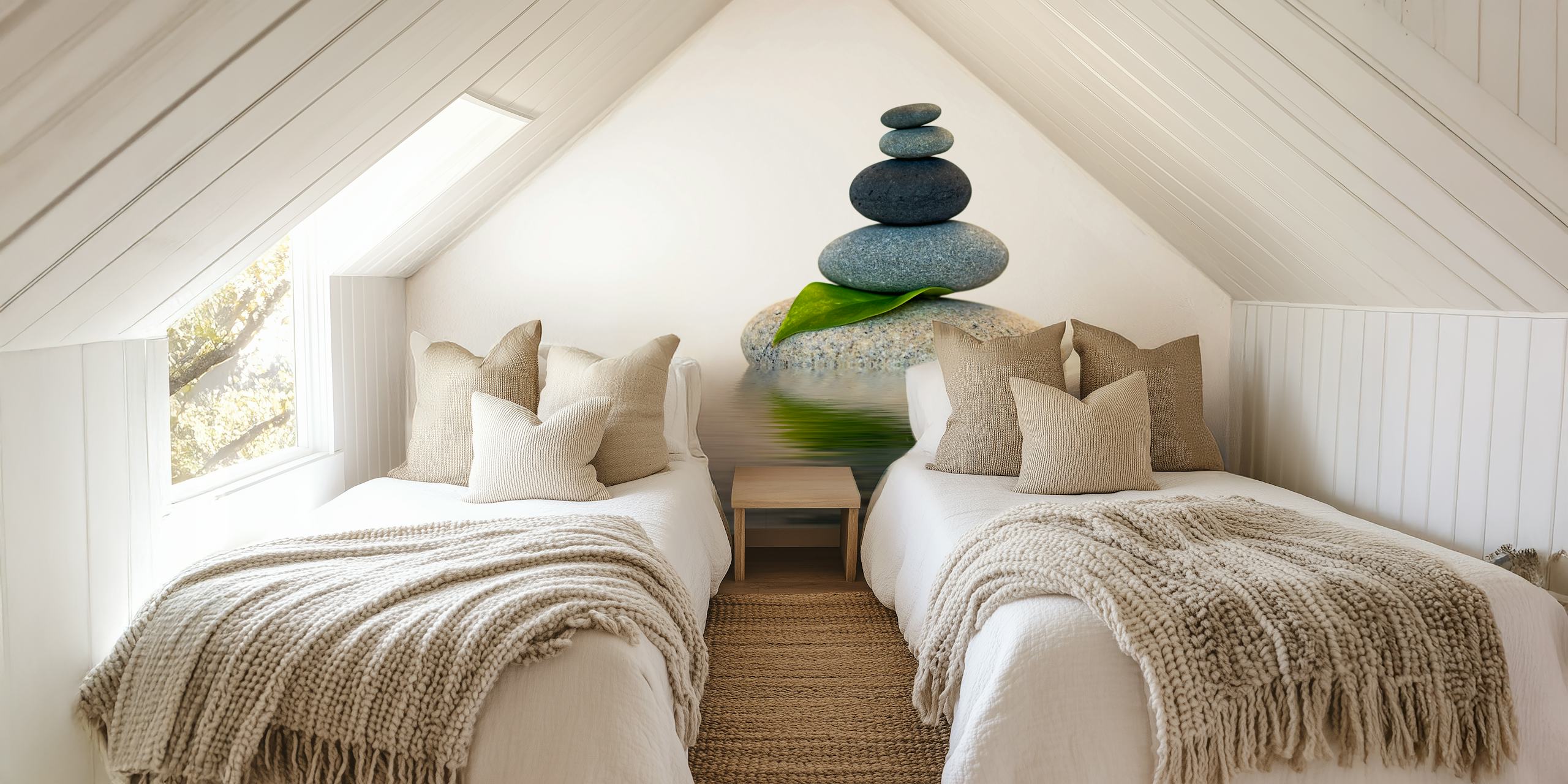 Zen stone stack with leaf wall mural on a serene water background