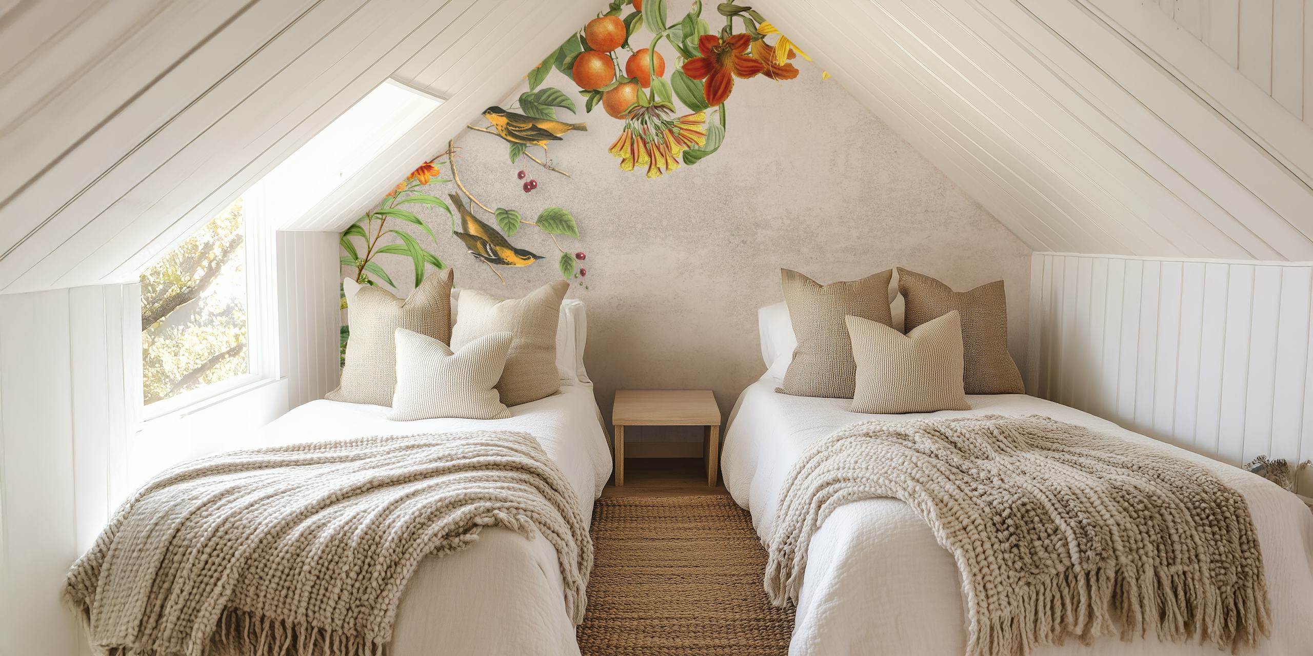 Floral and bird motifs with orange and yellow flowers, green leaves, and birds on a textured gray background wallpaper