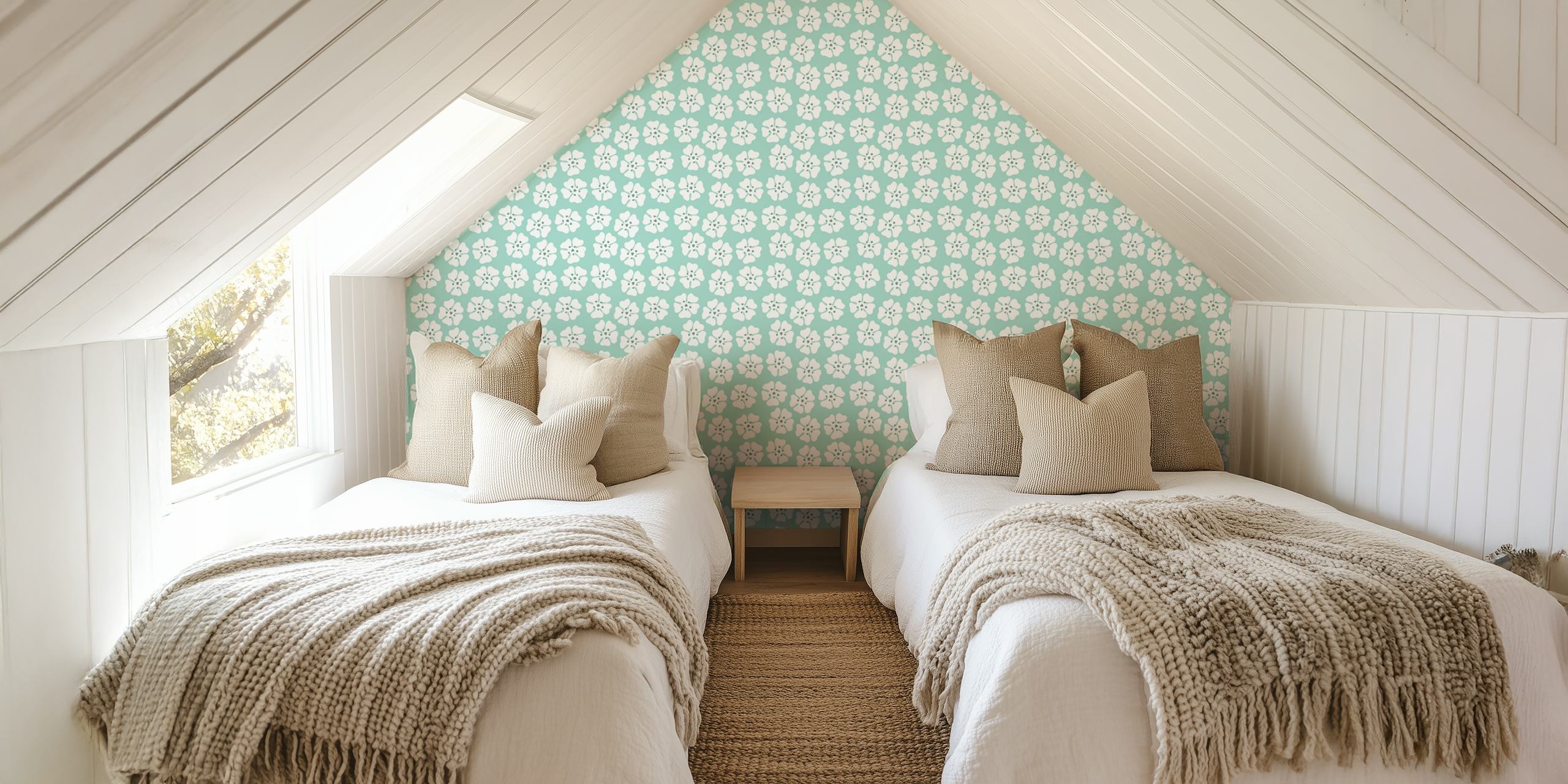 Minty floral wallpaper pattern displayed in a room