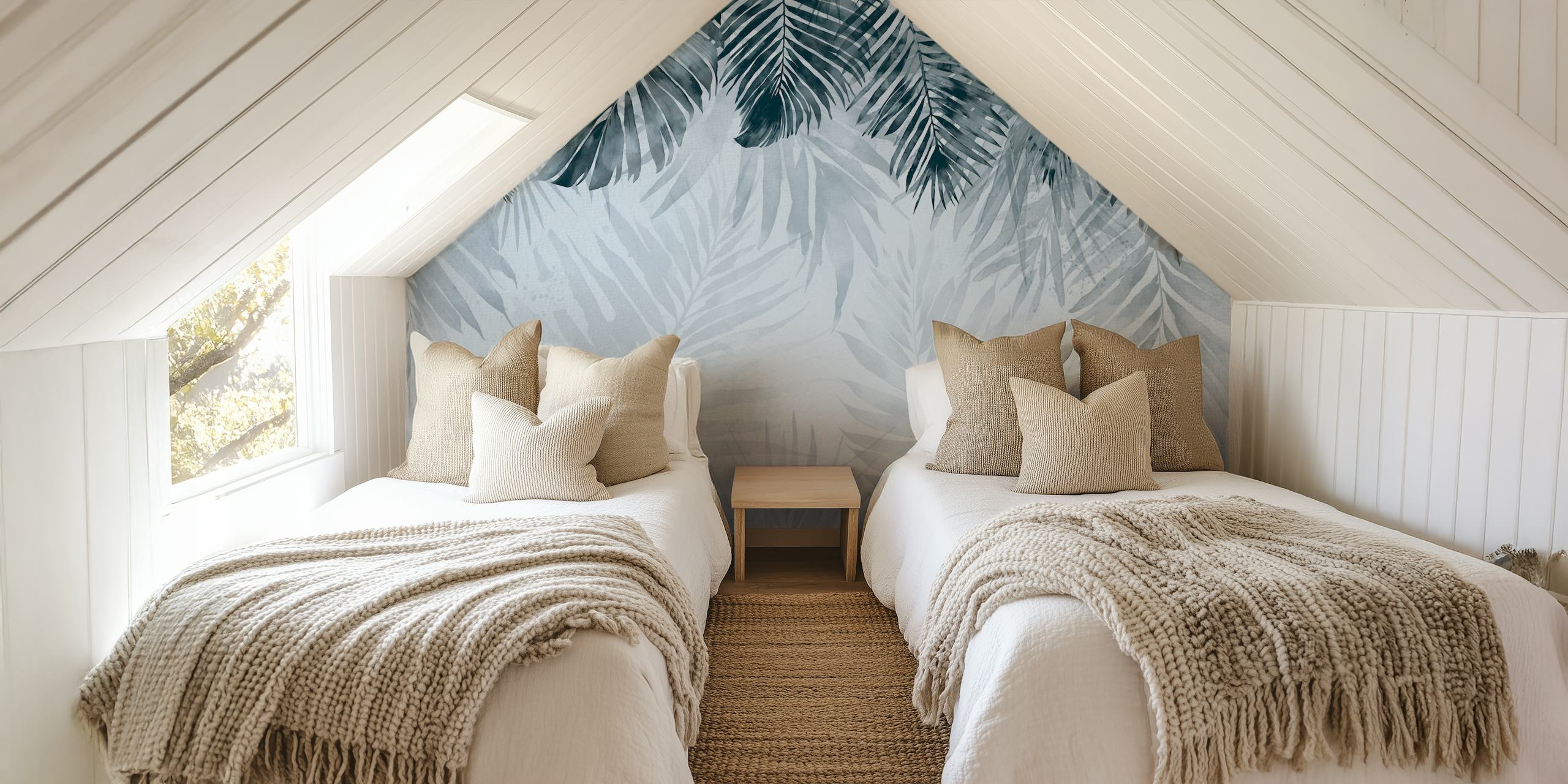 Tropical leaves in blue watercolor on a light background wallpaper