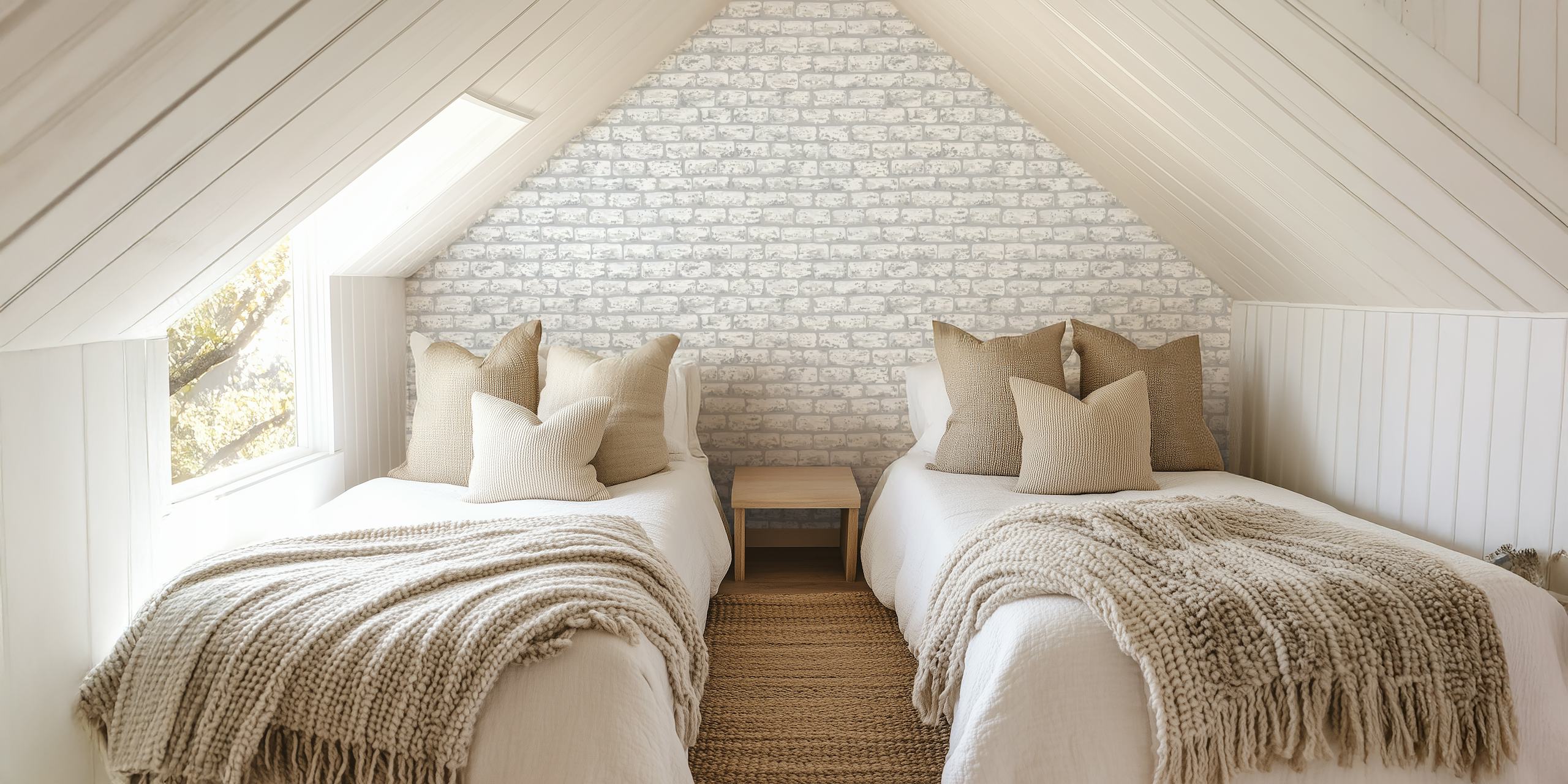 White brick wall pattern wallpaper in a light gray tone with realistic texture