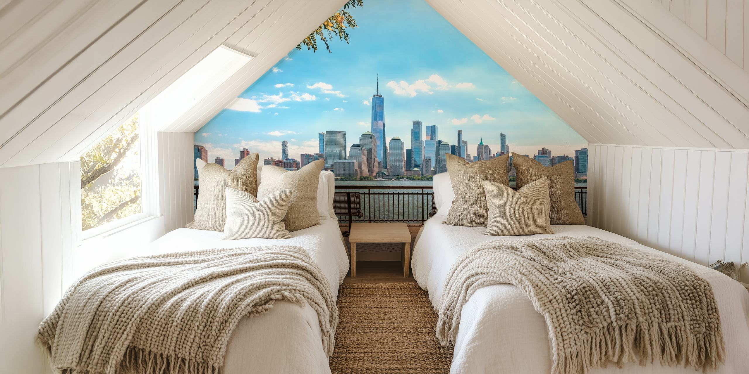 New York City skyline view with benches and a blue sky wallpaper