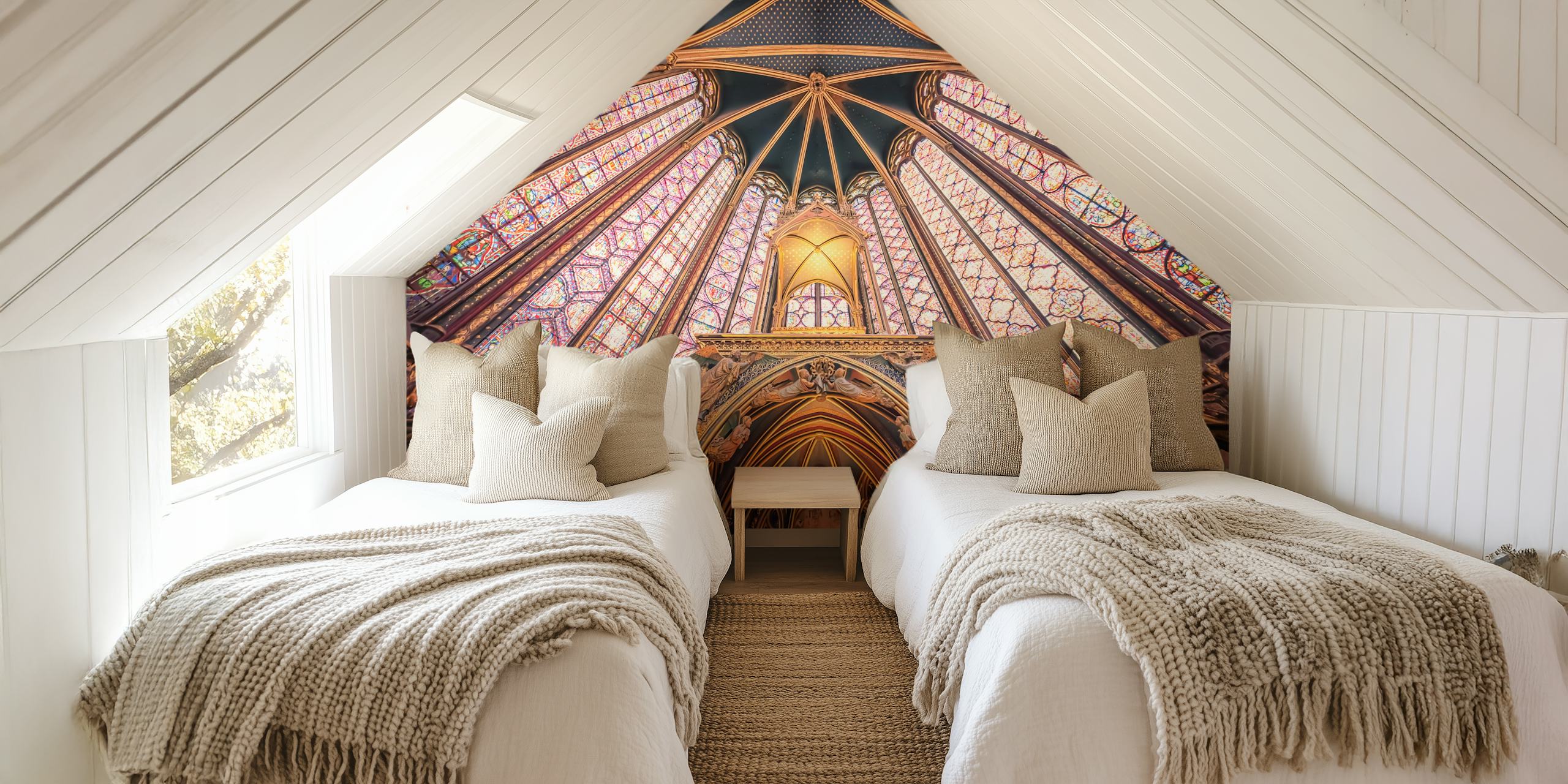 The Sainte-Chapelle Gothic architecture wall mural featuring the iconic ceiling's vibrant patterns and hues.