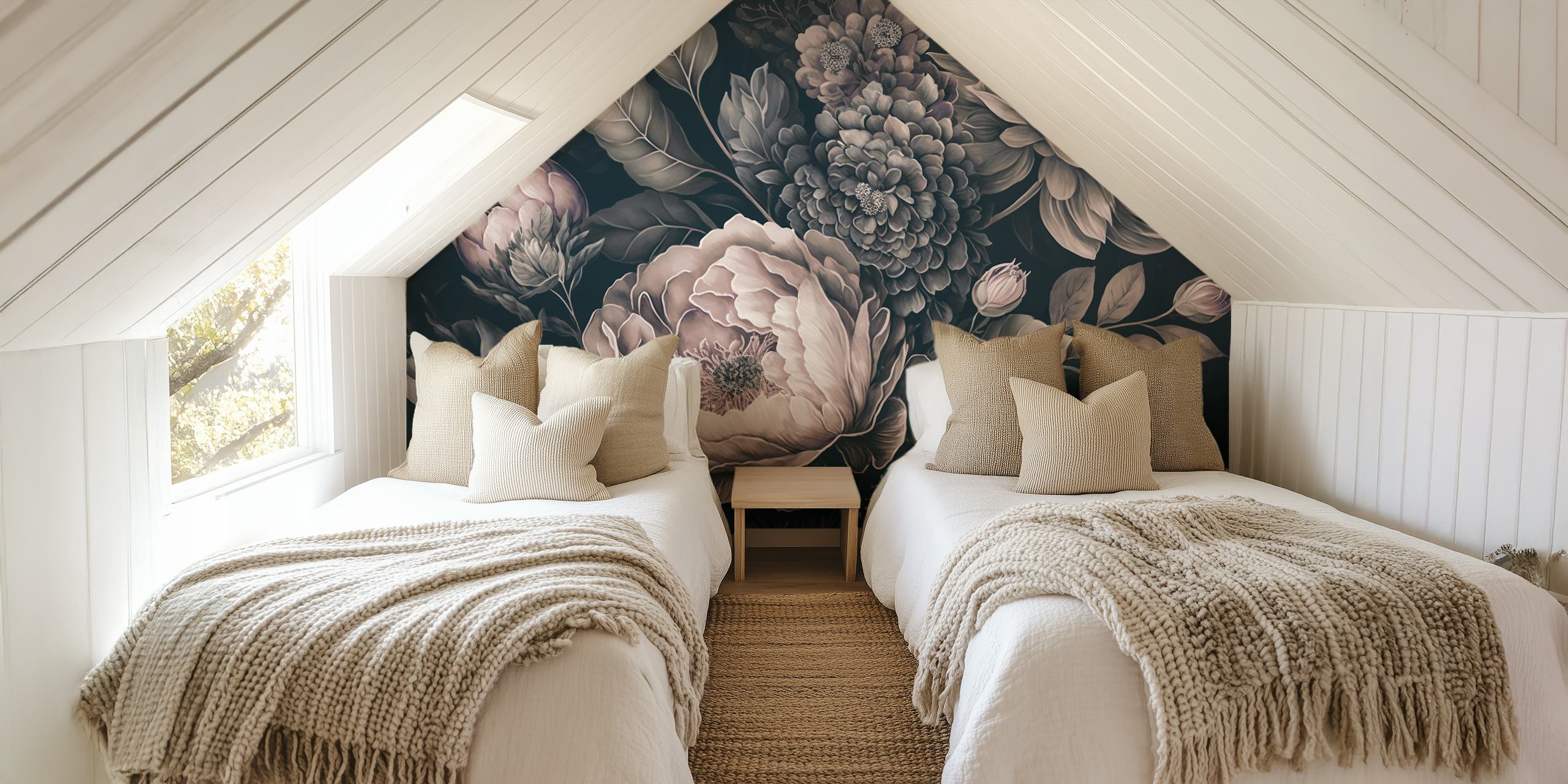 Décoration murale d'art floral de style baroque avec des fleurs sombres et élégantes