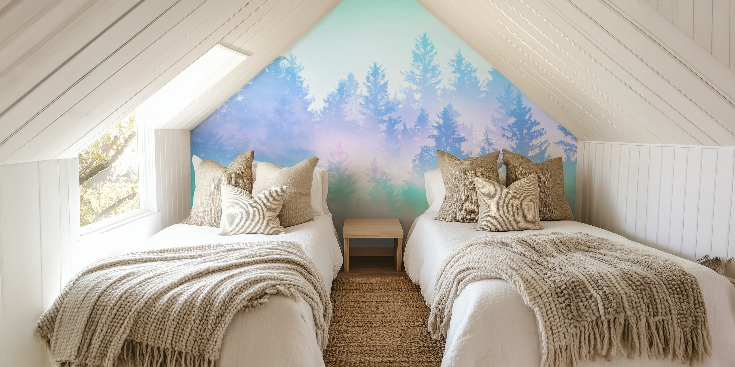 Pastel forest wallpaper with misty trees in soft shades