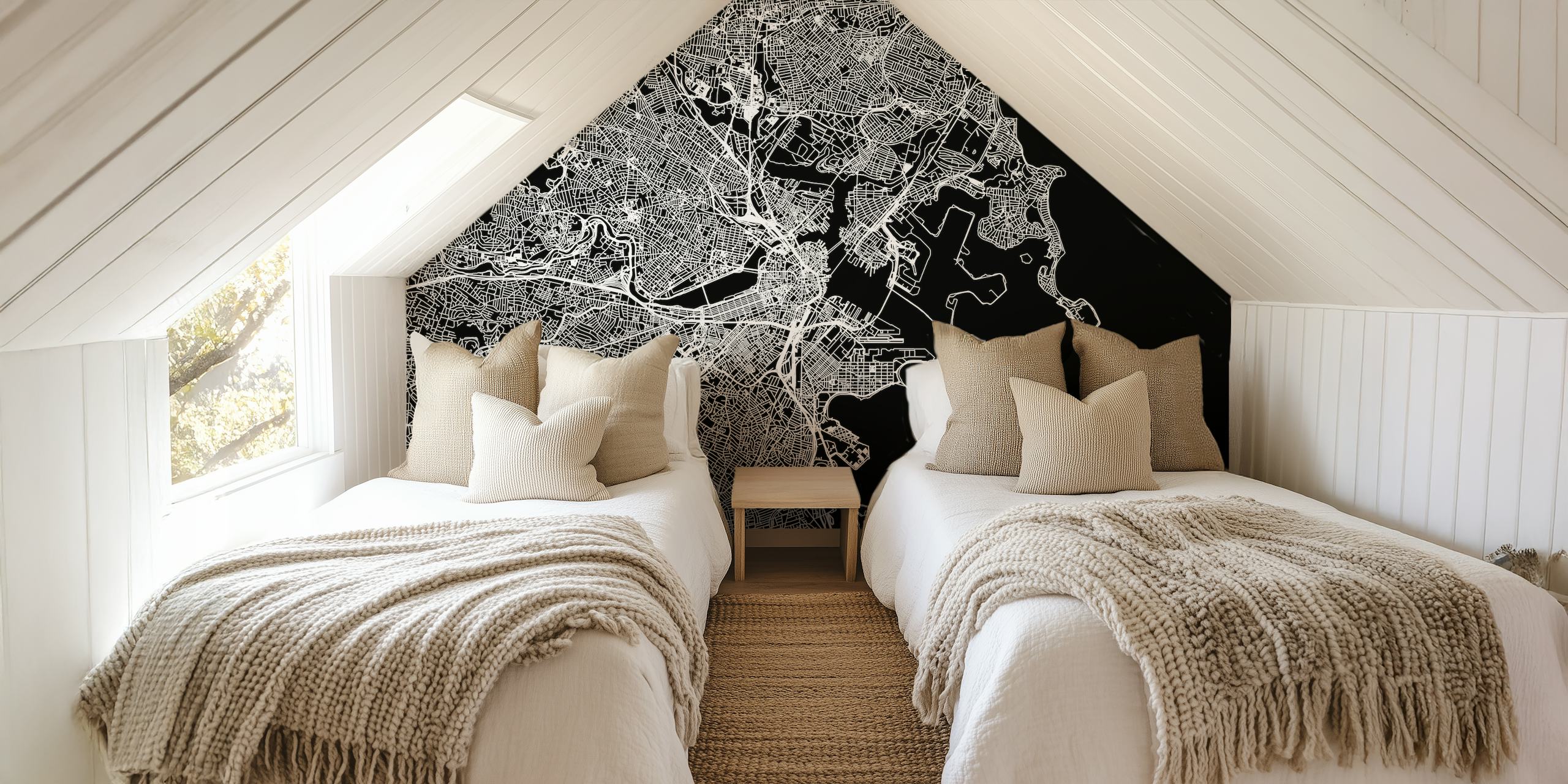 Black and white map of Boston featuring streets and waterfront, wallpaper