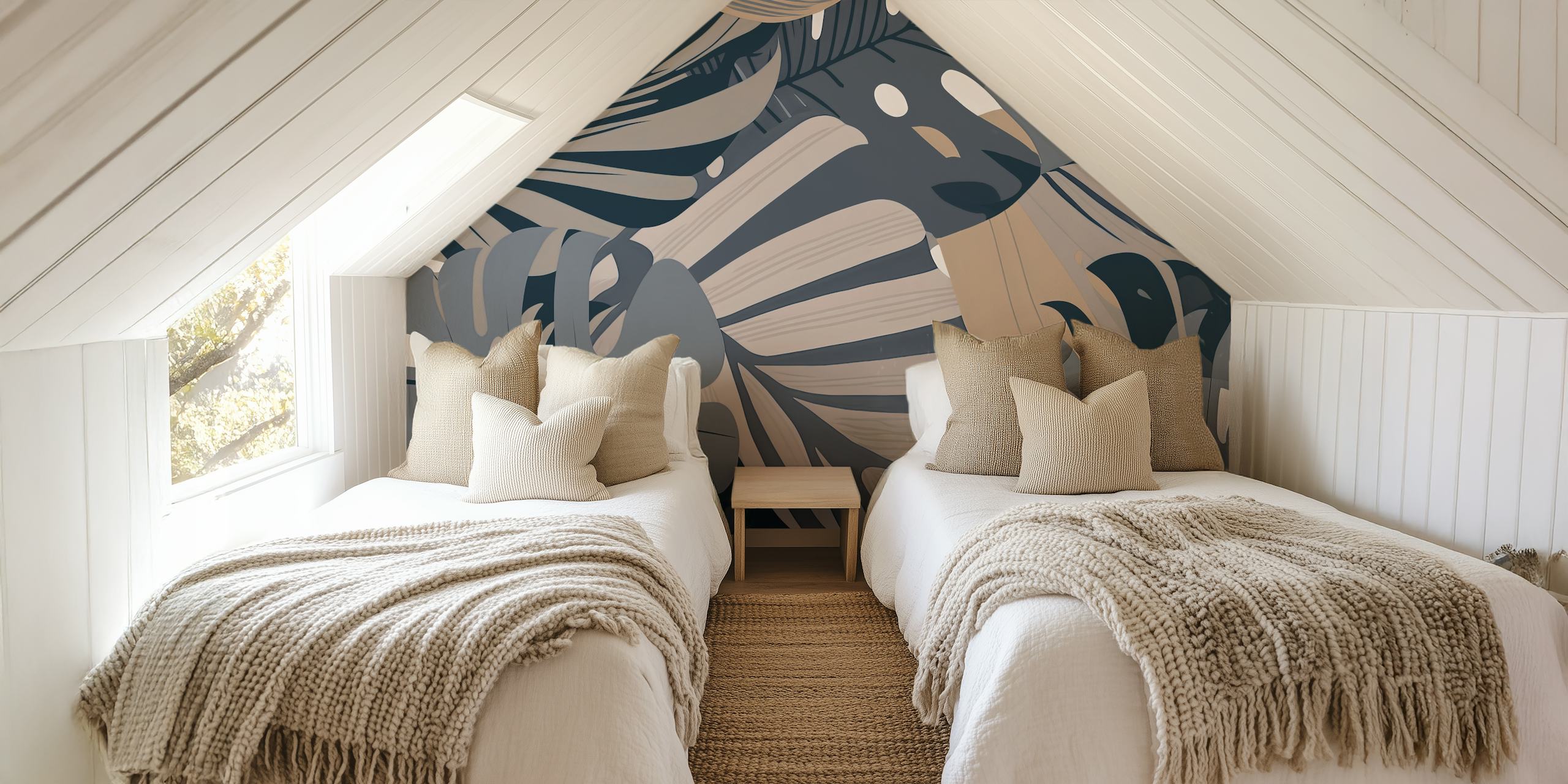 Tropical Leaf Art Neutrals wallpaper in a room