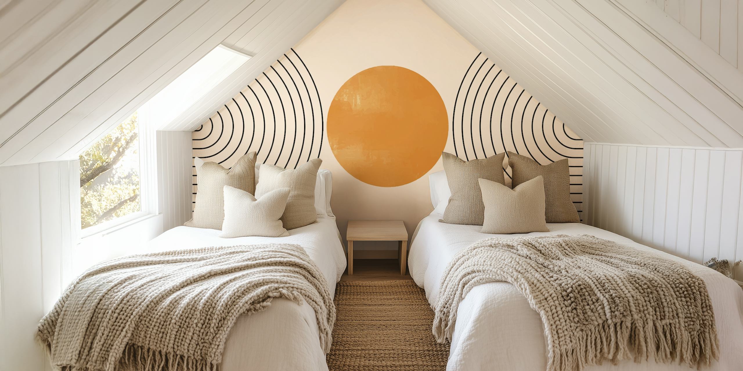 Geometric wallpaper featuring orange circles and black lines on a beige background