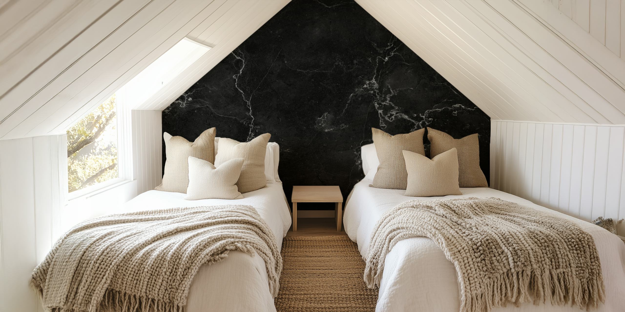 Black marble wallpaper with white vein patterns, modern style