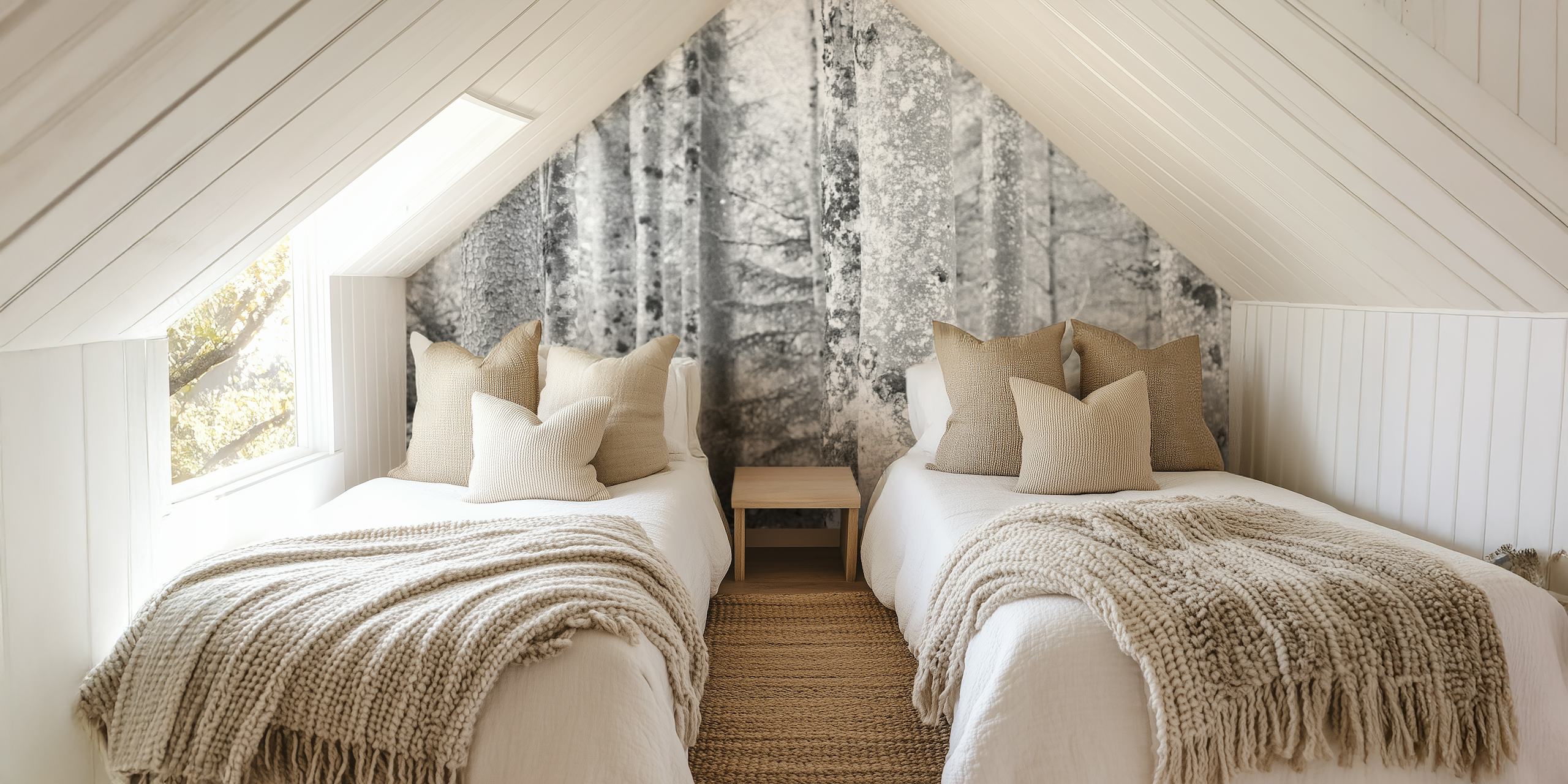 Black and white wall mural depicting a serene forest scene with mist-enshrouded trees.