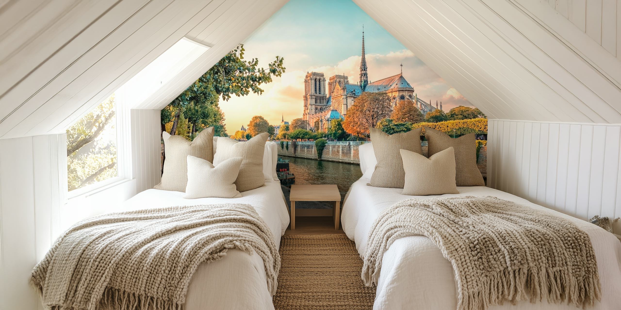 Mural de pared Catedral de Notre Dame al atardecer con el río Sena en París