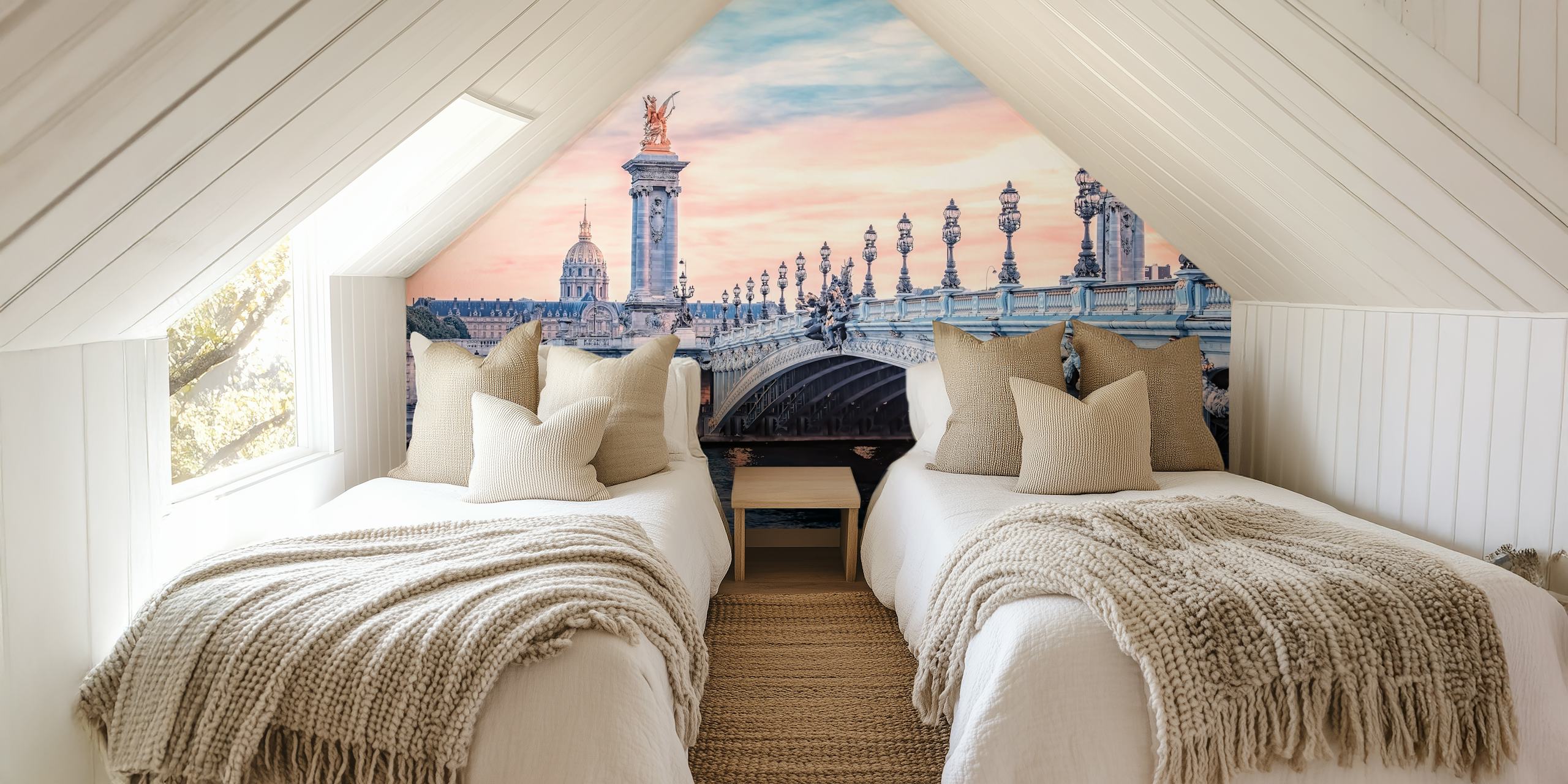 Scenic Parisian bridge with golden statues and blue sky wallpaper