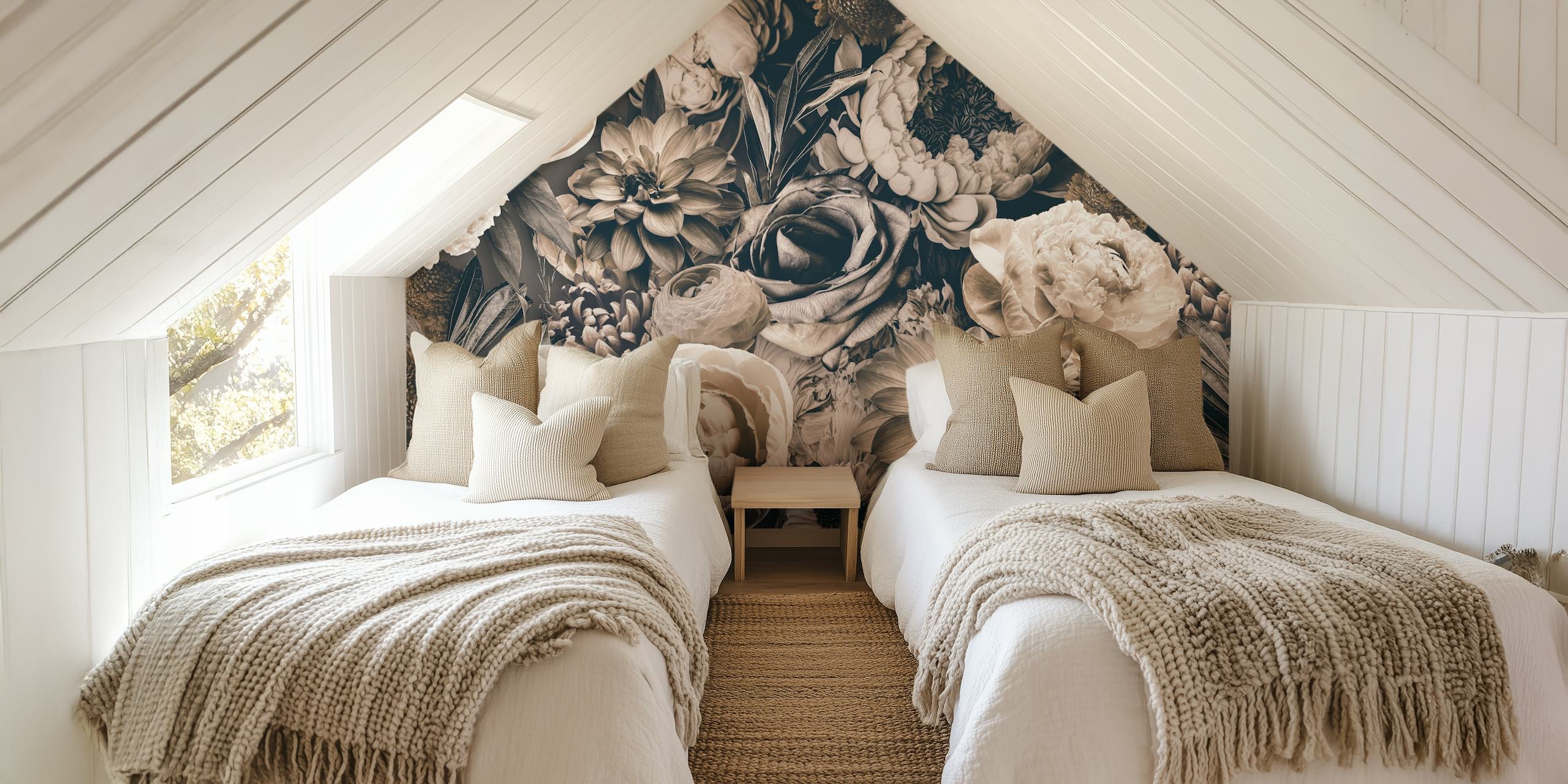 Floral wallpaper featuring detailed baroque style blooms in greige tones