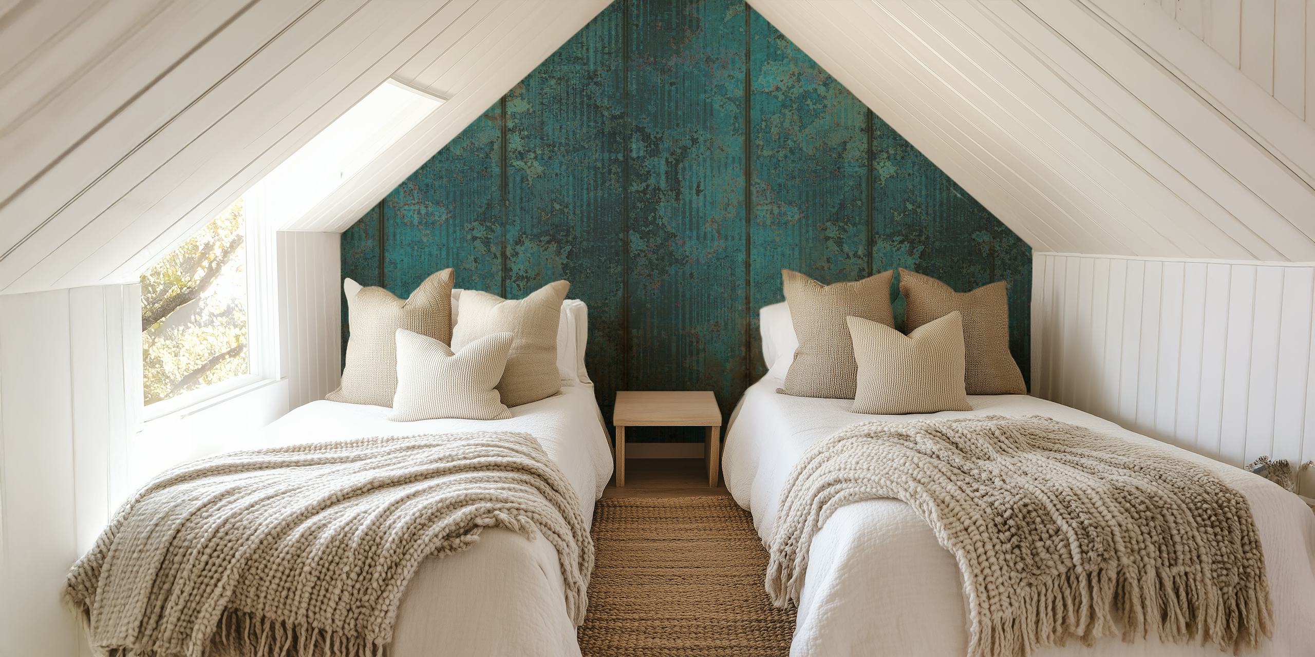 Distressed metal panels in turquoise and rust tones wallpaper
