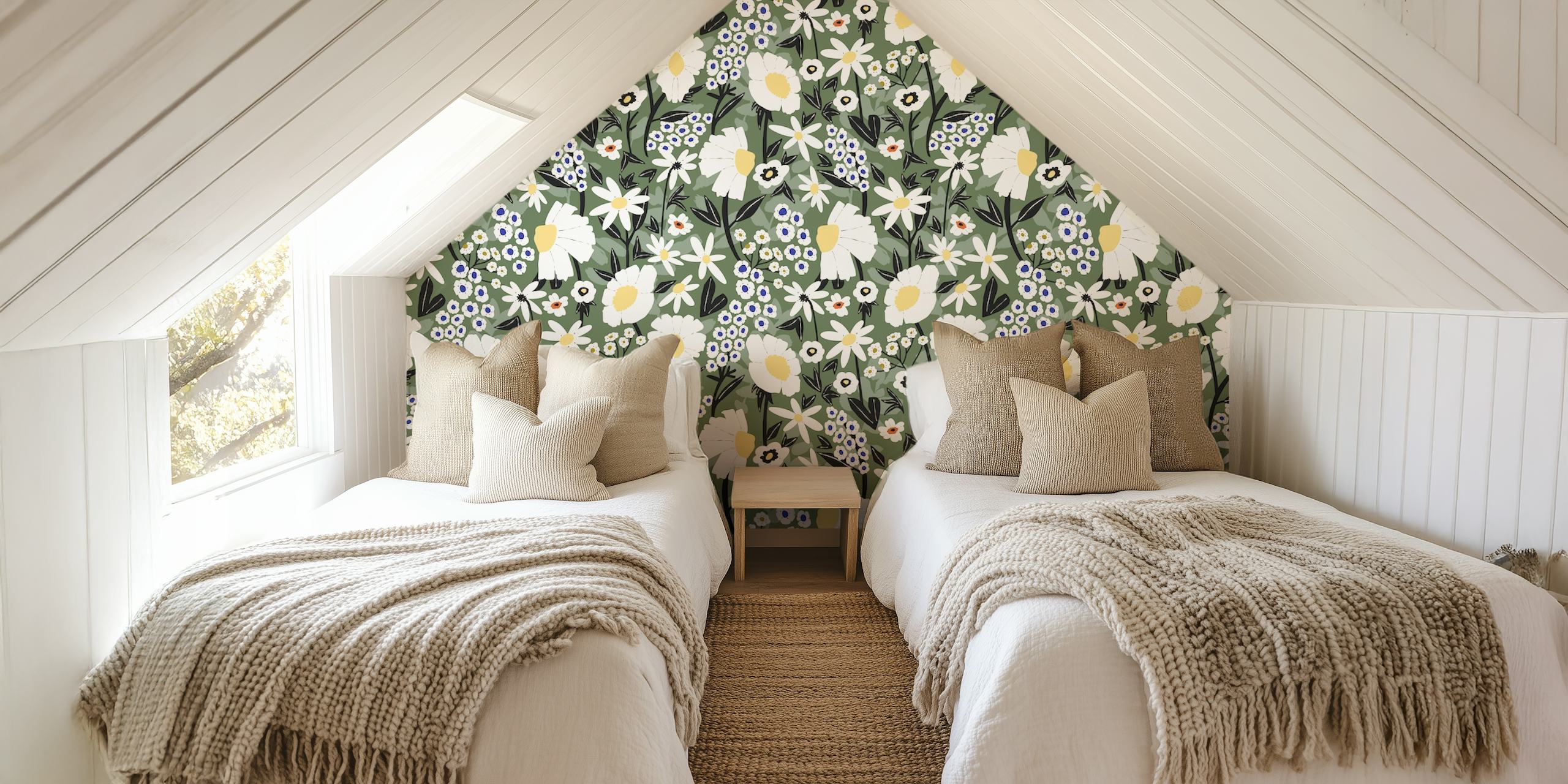 Meadow Forest Blossom wall mural with white flowers and green foliage pattern