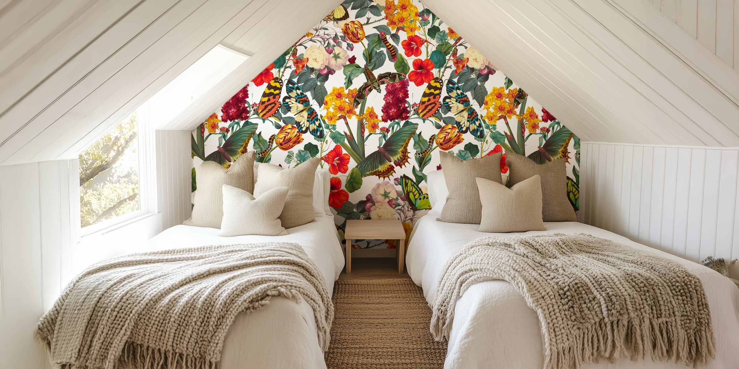 Butterflies and flowers in vivid colors on white wallpaper