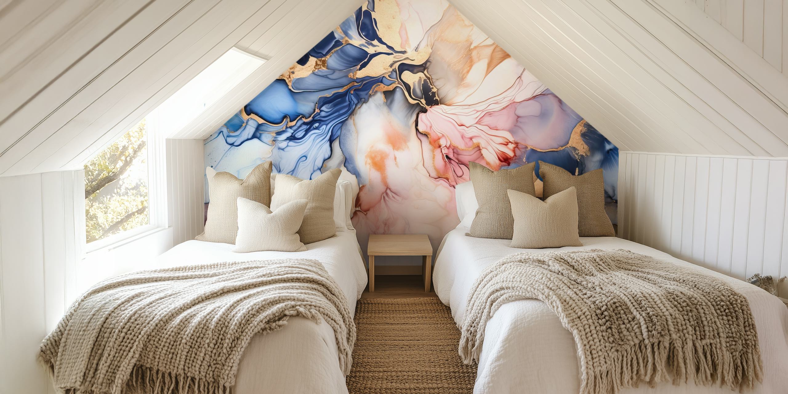 Abstract liquid art design with blue, pink and gold tones wallpaper
